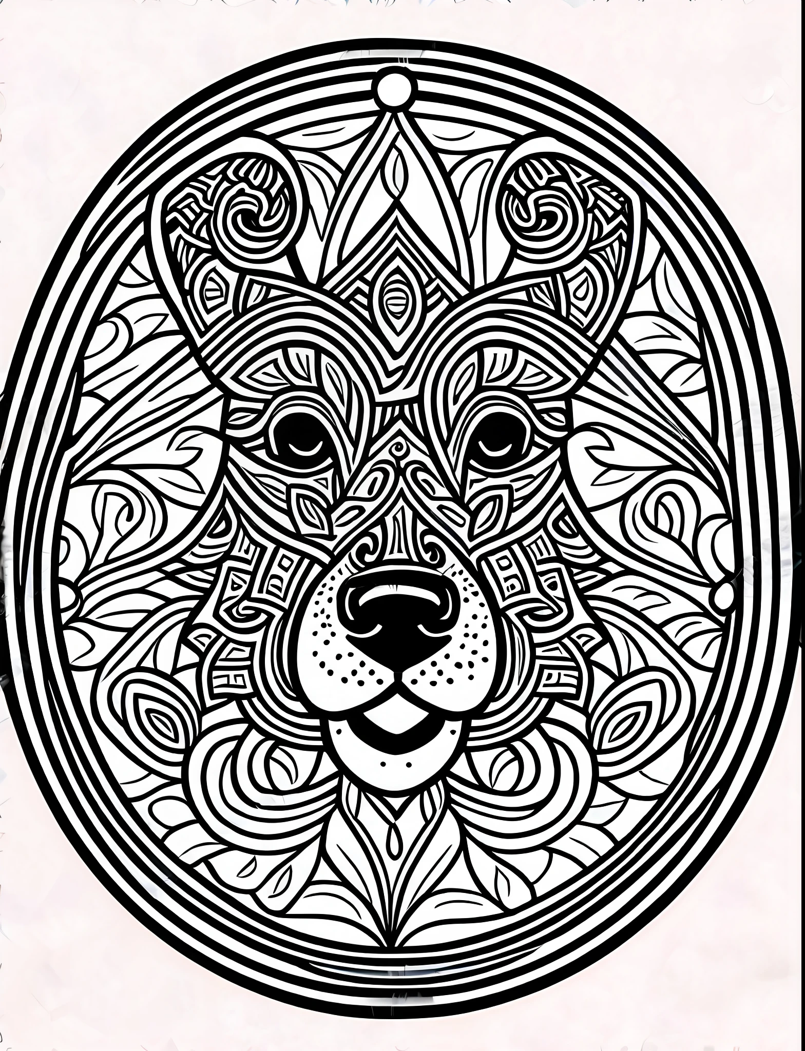 a dog style St. Humberto's Dog, fantasy, magical, mandala, happy, black and white, equal wavy lines, realistic line art drawing, coloring book page, no noise, sharp thick lines, contour art, centered image, isolated on a white background