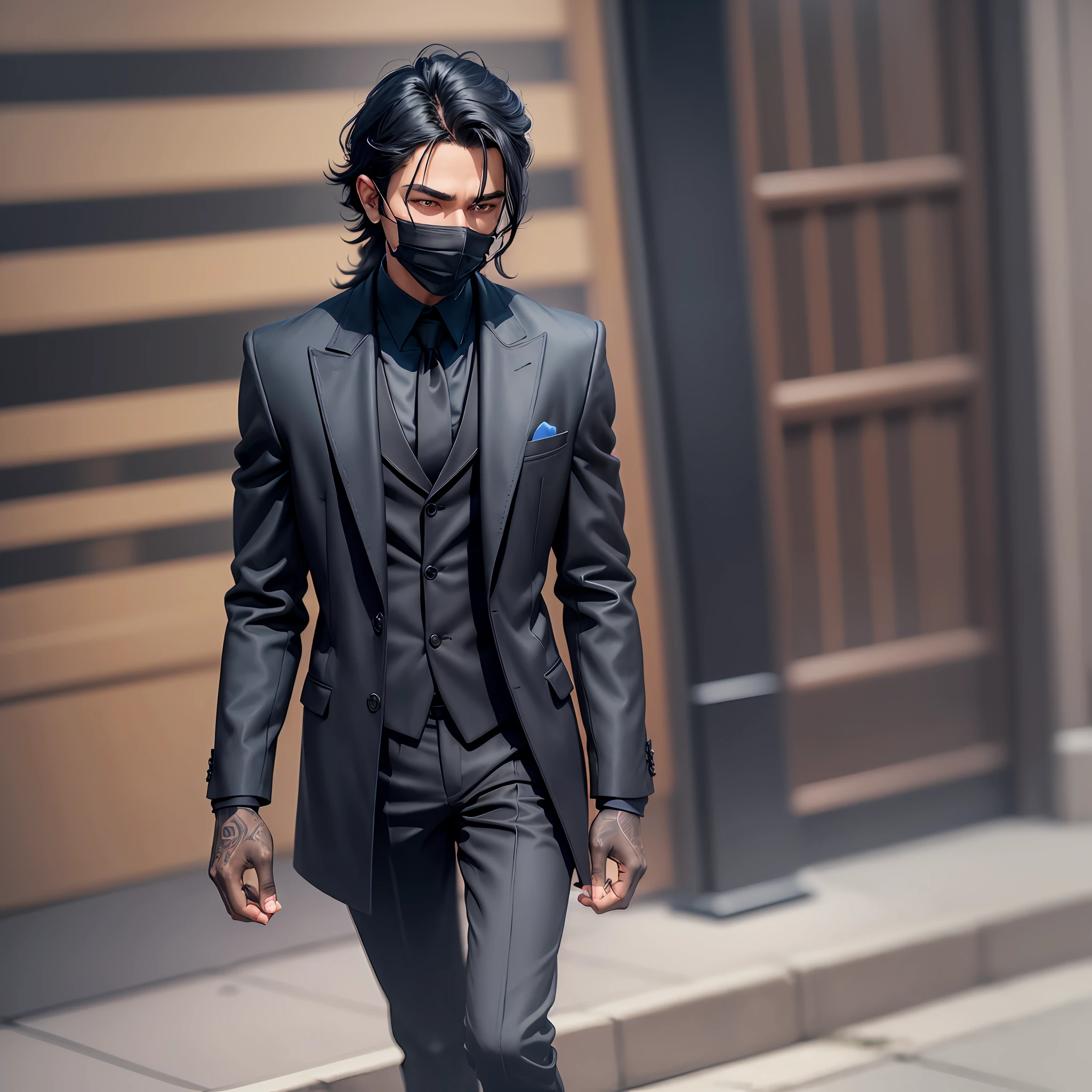 Dark-skinned man, black hair with black mask, black gloves (a navy blue overcoat with torn sleeves) with tattoos, black pants and black boots with locks on the sole (full body) --auto --s2