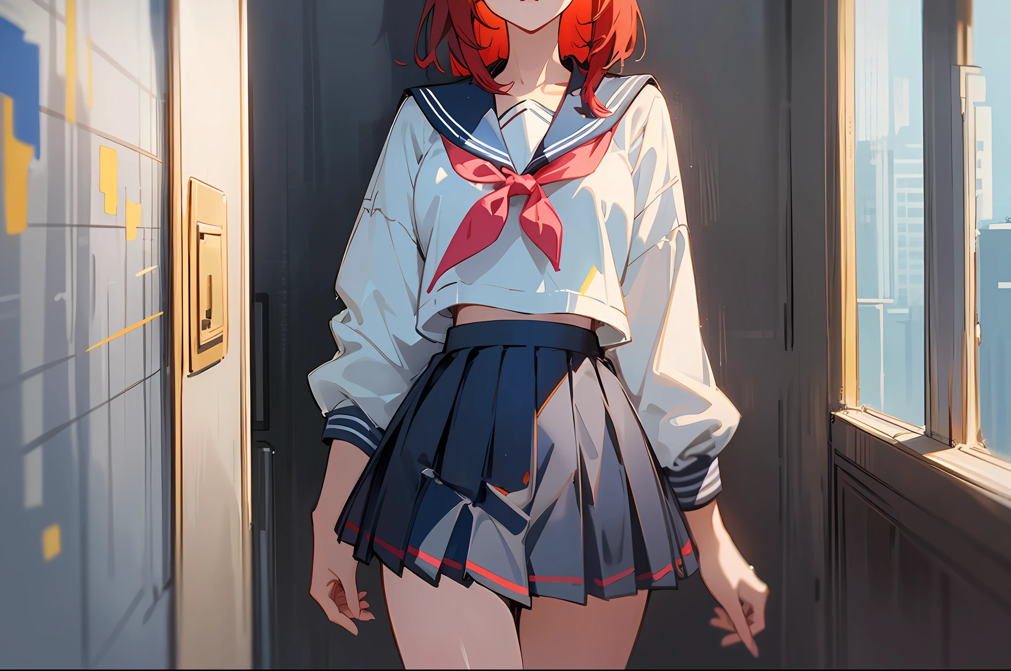 Inside the art school, beautiful girls, ((multiple people)), urban style, sexy figure, sailor suit, pleated skirt red hair, very delicate and beautiful, ((glamorous)), excellent illustrations, delicate face, 8k resolution, very detailed, clear images, digital painting, concept art, fashion trends on pixiv, Makoto Shinkai's style, eyes focus, gradient colour eyes, jewel_like eyes