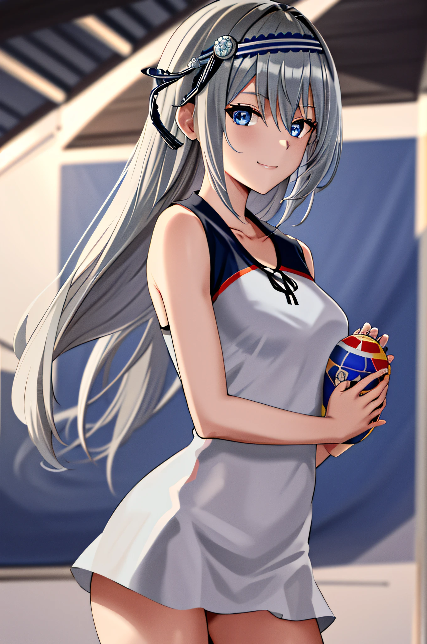 masterpiece, best quality, highres, kei1, 1girl, solo, blue eyes, long hair, wears a venezuelan football uniform, ribbon, bangs, collarbone, gray hair, black hair band, neck ribbon, hair between eyes, medium breasts, cowboy shot, smile