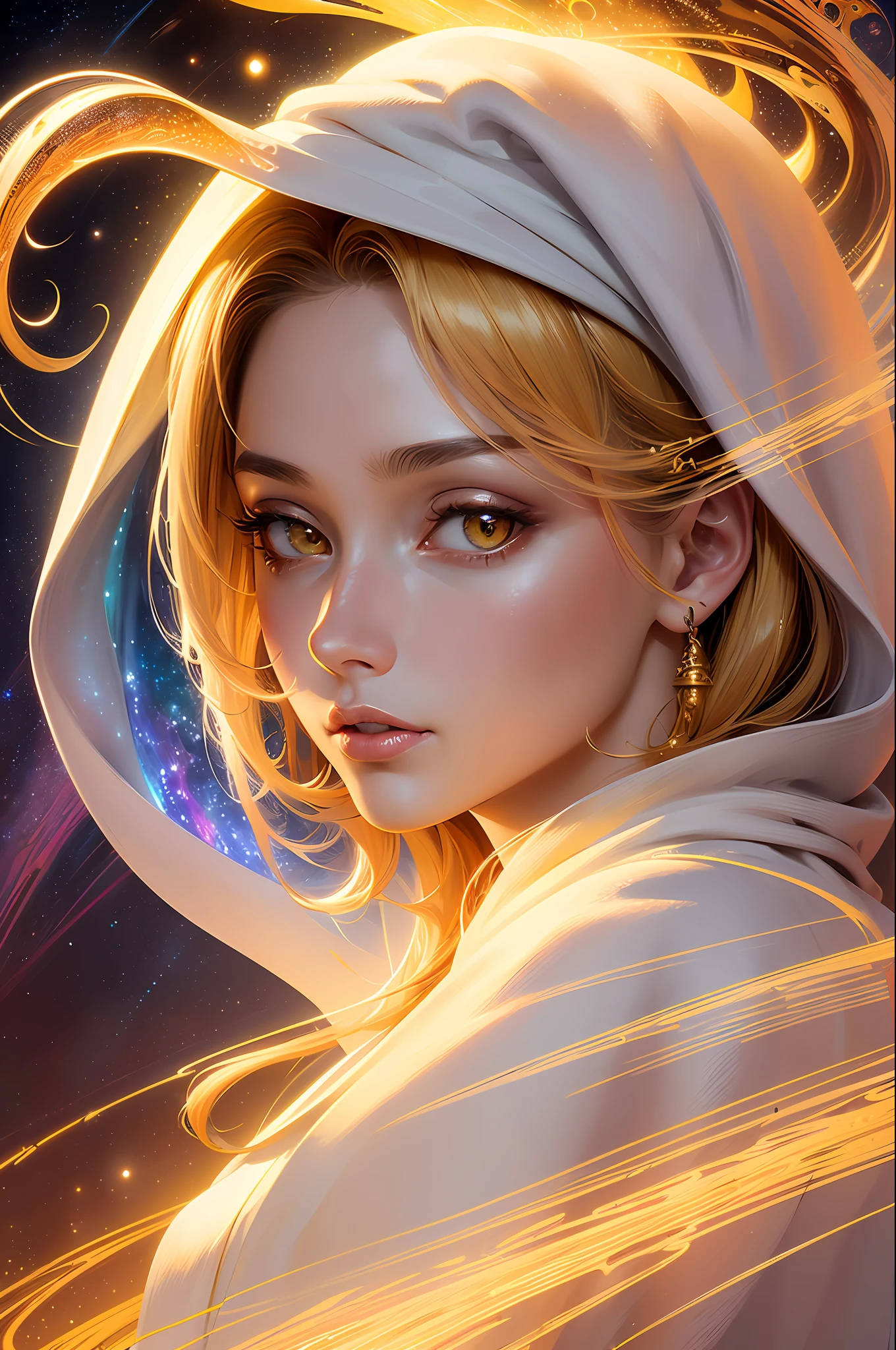 (masterpiece, top quality, best quality, official art, beautiful and aesthetic:1.2), (1girl), extreme detailed eyes, (fractal art:1.3), colorful, highest detailed, (perfect face), shiny skin, HDR, (white cloak golden lines:1.2), galaxy, (light streaks), striking visuals, (dynamic streaks, luminous trails:1.2), vibrant colors, (phoenix), (dragon)
