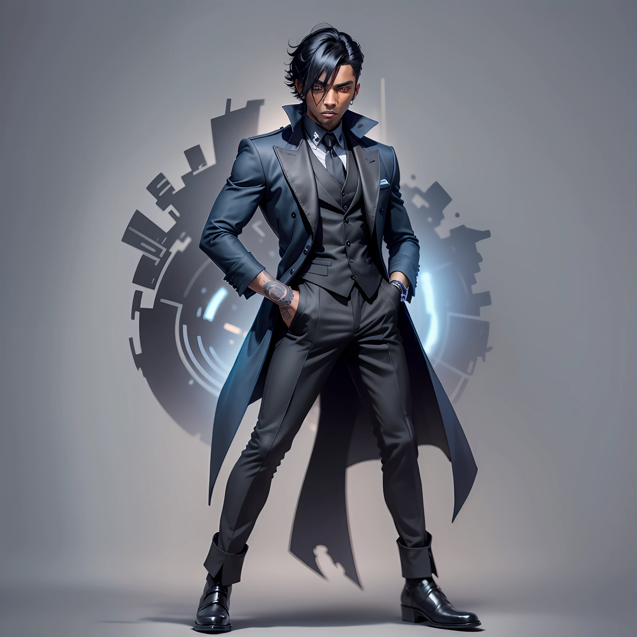 Dark-skinned man, black hair with black mask, black gloves (a navy blue overcoat with torn sleeves) with tattoos, black pants and black boots with locks on the sole (full body) --auto --s2