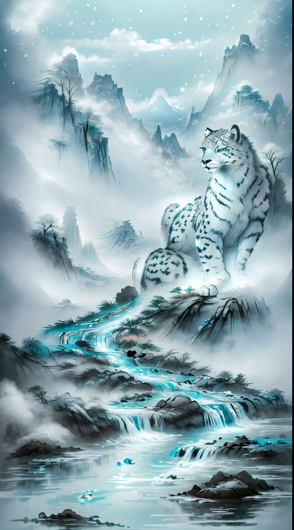 (high quality), ray tracing, epic landscape, monster, glow, ink painting, mythical creatures, dreamy clouds, turquoise mist, blizzard, animals, (closeup: 1.2), (snow leopard: 0.2), (mengji:1.2), beautiful eyes, (snow mountain: 0.7), (ice: 0.9), dream background, mountain spring waterfall