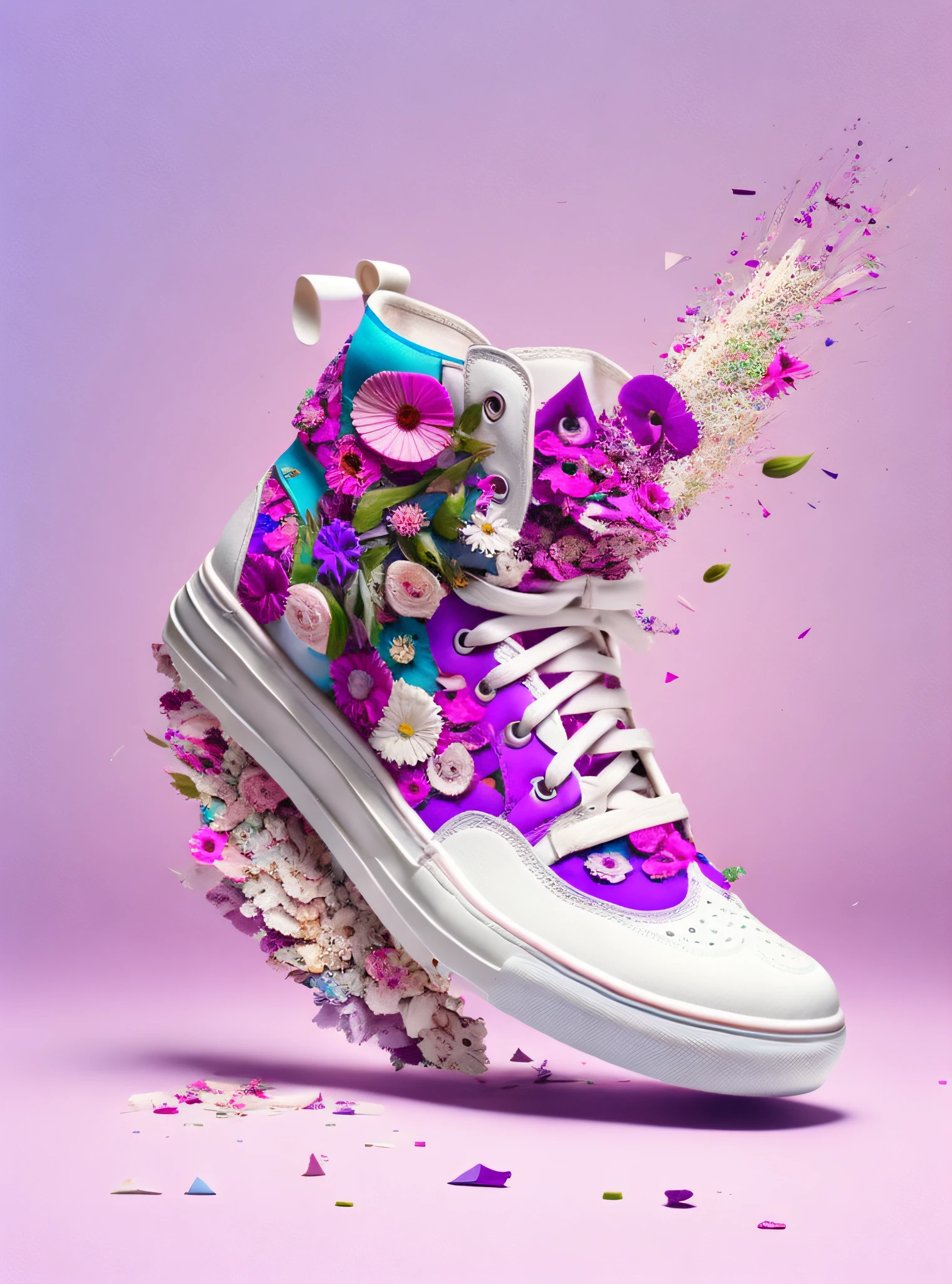 shoeai, sneakers, a pink shoe made out of flowers, shards of purple, powerful explosion