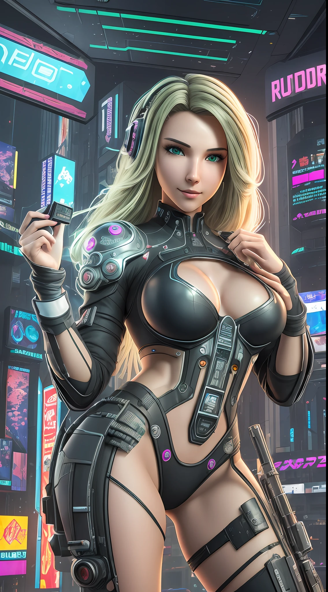 ((Best Quality)), ((Masterpiece)), (Highly Detailed:1.3), 3D, Beautiful (Cyberpunk:1.3) Woman hacker with thick blonde voluminous hair, light green eye, bulky breasts, strong body, operating a computer terminal, computer servers, LCD screens, fiber optic cables, corporate logos, HDR (High Dynamic Range), Ray Tracing, NVIDIA RTX, Super-Resolution, Unreal 5, Subsurface Scattering, PBR Texturing, Post-processing, Anisotropic filtering, Depth of field, Maximum clarity and sharpness, Multilayer textures, Albedo and specular maps, Surface shading, accurate simulation of light-material interaction, perfect proportions, Octane Render, two-tone lighting, low ISO, white balance, rule of thirds, aerature, 8K RAW, efficient sub-pixel, sub-pixel convolution, luminescent particles, sexy smile --auto --s2