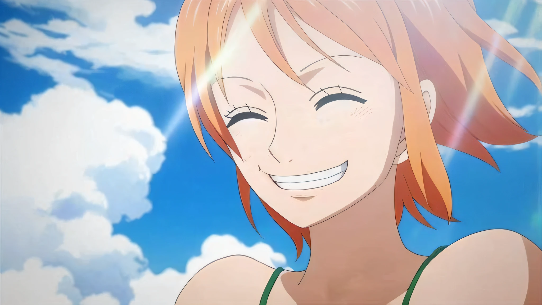 anime image of a woman with red hair smiling and wearing a green tank top, nami from one piece, beautiful portrait of nami, nami one piece, nami, she is smiling, [[[[grinning evily]]]], grinning lasciviously, in the anime film, rin, anime girl named lucy, she is smiling and happy --auto --s2