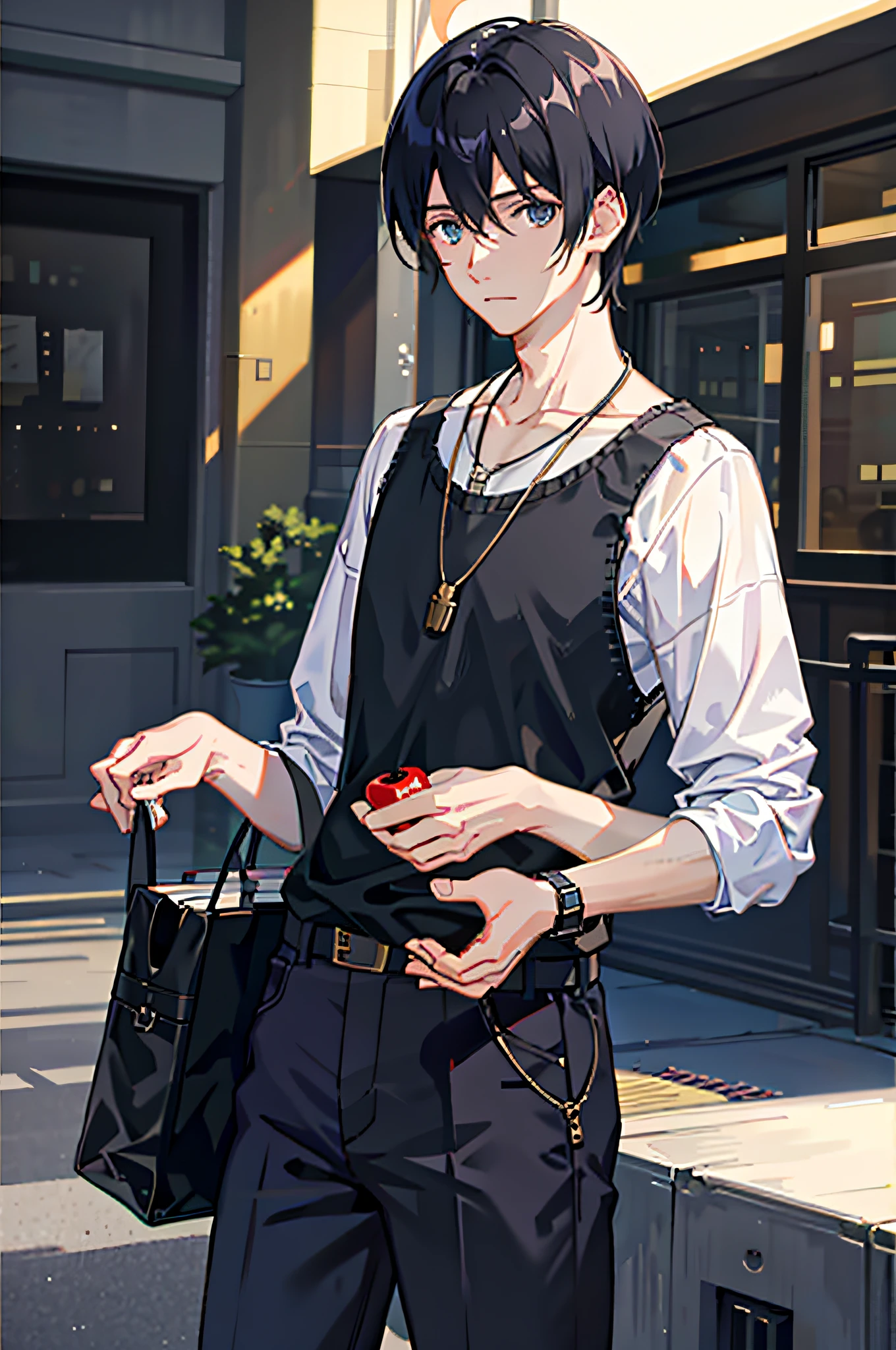 1boy, apple, bag, bangs, berry, black hair, black shirt, blue eyes, hair between eyes, jewelry, leaf, looking at viewer, male focus, necklace, pants, shirt, solo, watch, white pants, wristwatch, messy hair, trending on artstation, 8k resolution, highly detailed, anatomically correct, sharp image, digital painting, concept art, trending on pixiv, style of makoto shinkai,