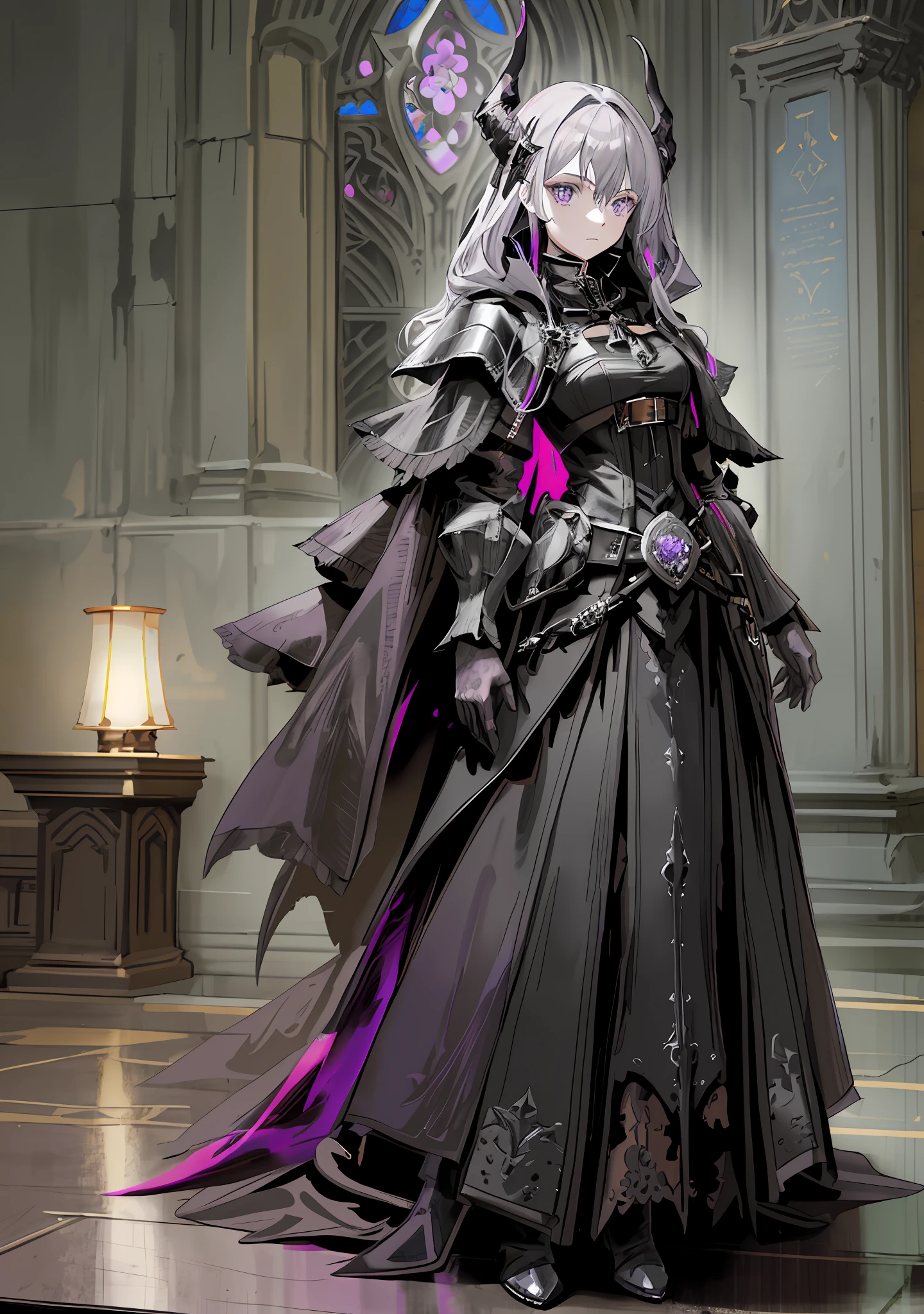 Woman standing in church in black dress and purple cloak, Kusart Krenz key art feminization, dark witch full perspective, pale black armor, complete portrait by Yang J, elementalist, intricate wlop, dark fantasy magician, shadow universe style, epic exquisite character art, purple pupils, long gray hair, beautiful and delicate eyes, soft hair, starry sky, black trench coat, dark fantasy, dark souls, bloodborne, Lighthouse, moonlight, royal sister, older girl, black long skirt, lace-up boots, black dress, black coat, trouser skirt, slender figure, messy hair, armored boots,