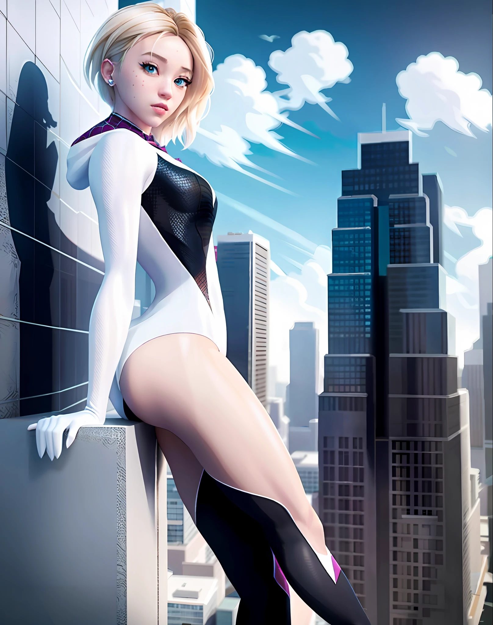 Gwen Stacy, full body, on top of a building, cinematic, ultra realistic