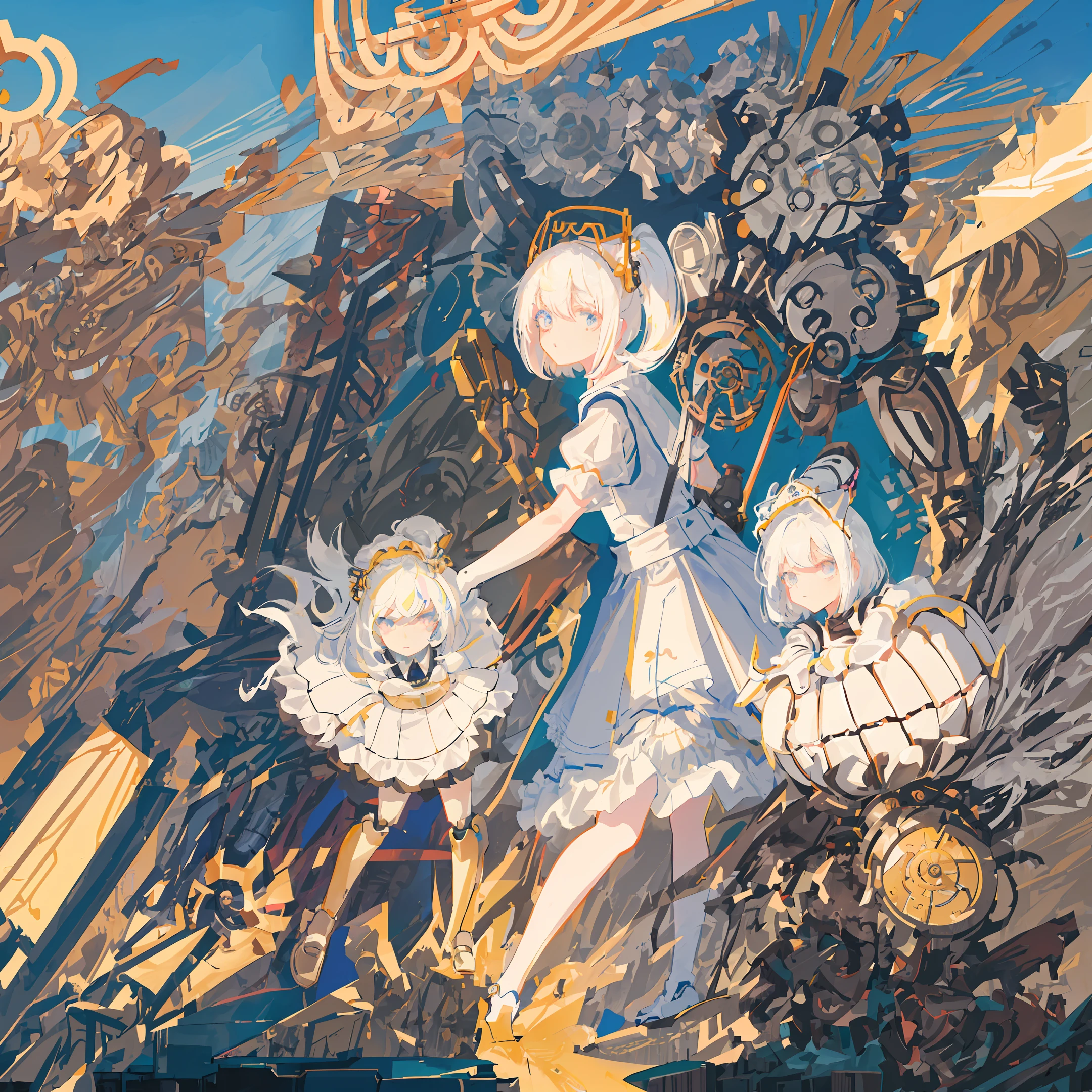 absurdres, highres, ultra detailed, masterpiece, cel shading, (bold outlines):1.2, flat colors, sharp shadows, graphic style, manga influence, clean linework, girl, ((kawaii girl)), (:1.3), age 10,(detailed cute face):1.2,(full body:1.5),((extra huge cool girl robot_hands, extra huge cool girl robot_gauntlet, mechanism, machine)), bob hair, white hair color, ombre hair color, cute meido, cute maid clothes,frill,lace,frill,lace,frill,lace, open stance, action pose,
white background,simple background,wide shot,