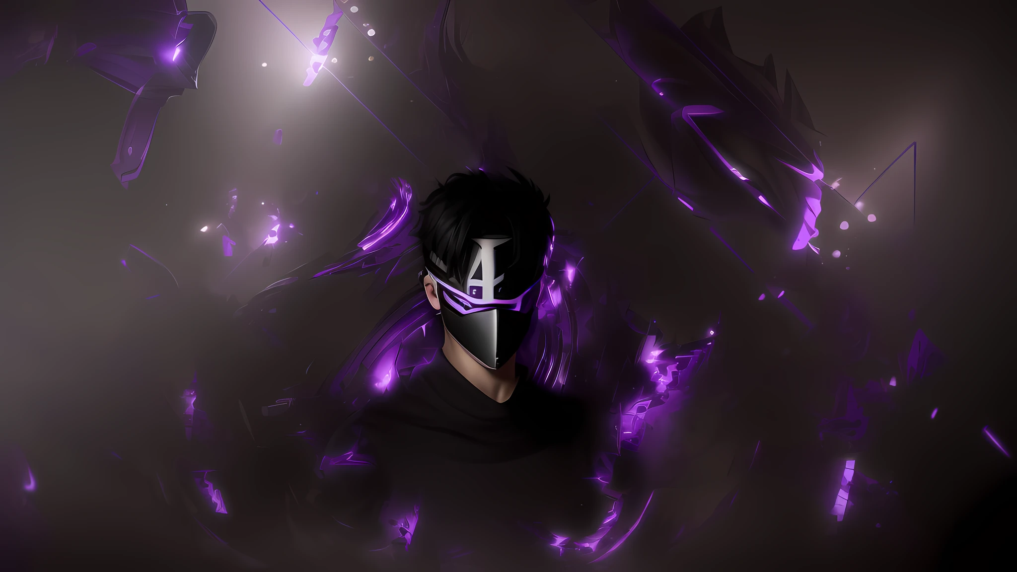 A young man with short black hair with a mask covering his entire face, on the mask there is a purple L, ( ( ( mask ) ), broken mask, vega mask, light face [[bronze]] [mask], unsharpened mask, unknown art style, anime style. 8k, broken visor, mask is broken, dark background, shadow world background, purple, purple L