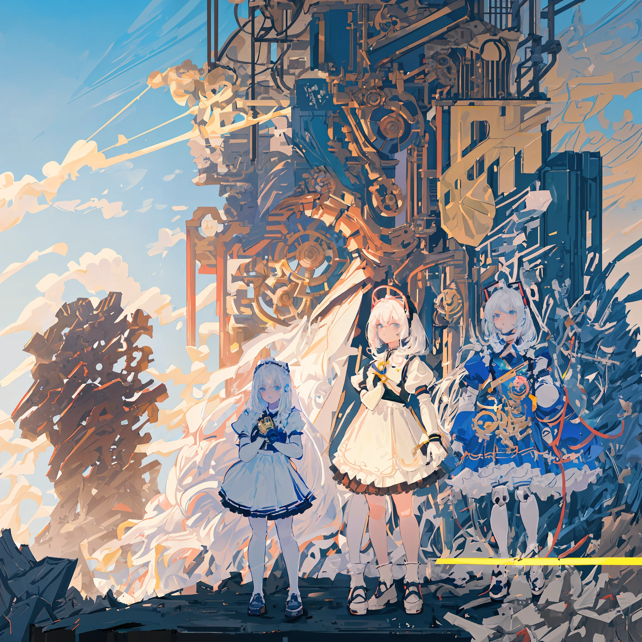 absurdres, highres, ultra detailed, masterpiece, cel shading, (bold outlines):1.2, flat colors, sharp shadows, graphic style, manga influence, clean linework, girl, ((kawaii girl)), (:1.3), age 10,(detailed cute face):1.2,(full body:1.5),((extra huge cool girl robot_hands, extra huge cool girl robot_gauntlet, mechanism, machine)), bob hair, white hair color, ombre hair color, cute meido, cute maid clothes,frill,lace,frill,lace,frill,lace, open stance, action pose,
white background,simple background,wide shot,