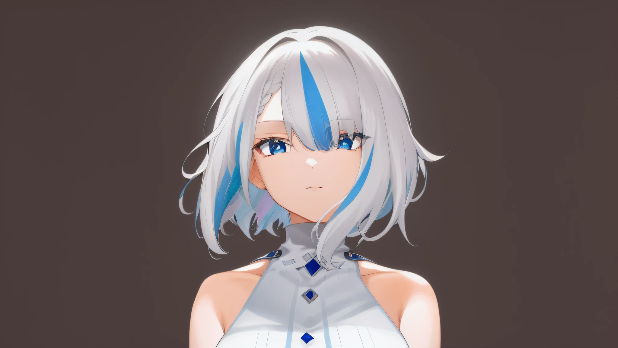 scan, (extremely detailed CG unit 8k wallpaper: 1.1), highres, (1girl), (white hair), (short hair), (multicolored hair), (blue eyes), white dress, sleeveless, neutral face,
