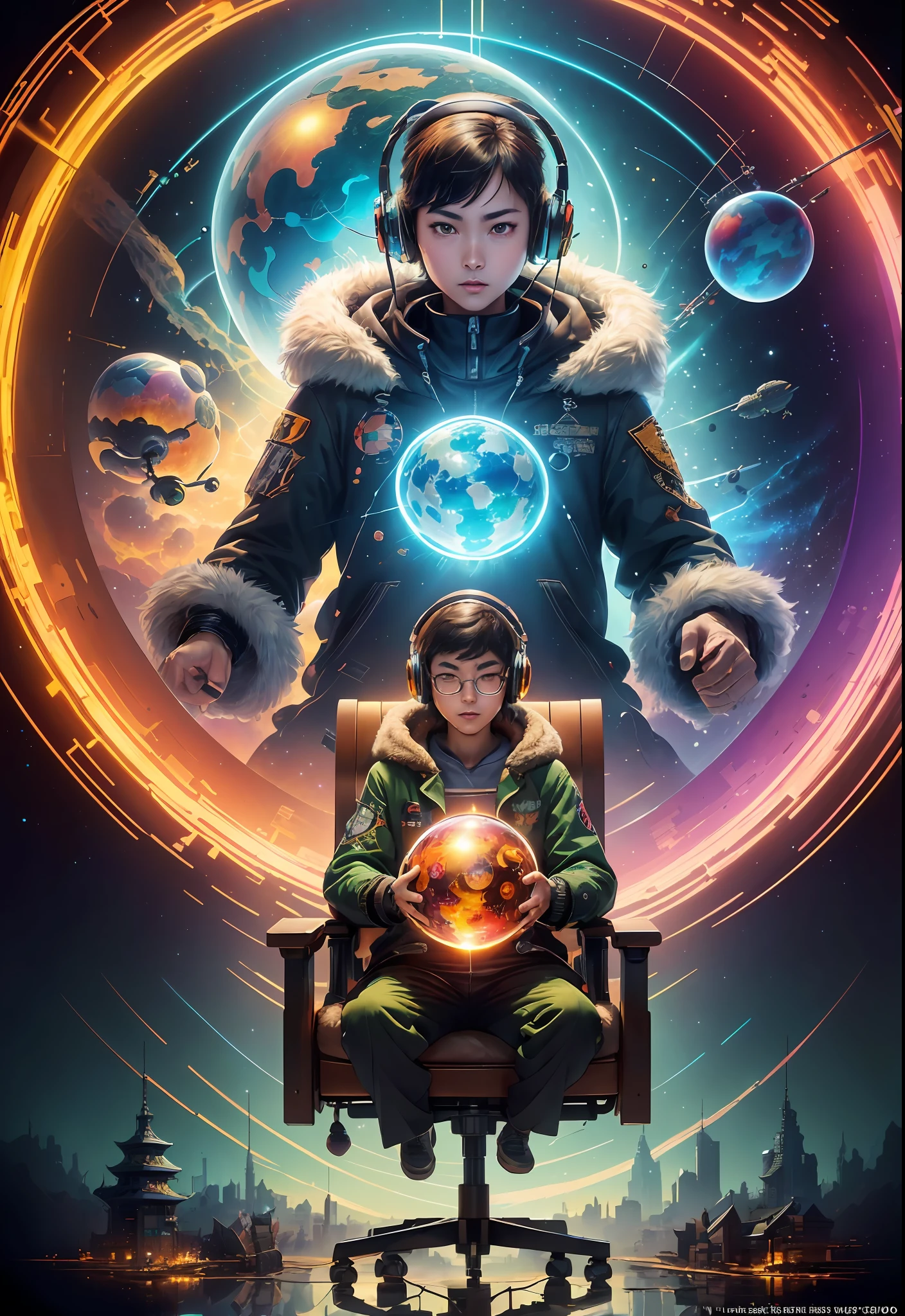 Masterpiece, Best Illustration, Solo, Multiplayer, Seated, Keyboard \ (Computer \), Fur Decoration, Computer, Monitor, Hood, Jacket, Hood Down (Chair, Headphones, City, Instrument, Cyberpunk, Wooden Toys,\(\(Intricate Details\)\), Color Details, Rainbow Color BREAK, \(\(Masterpiece Best Quality \)\), 4K, Hyper Detail, Detailed Lighting, \((Inspired by Hayao Miyazaki)\), Official Art, Propaganda Art, Composition, A giant mirror ball floats in space, twinkling lights, sadly lost, particles in the air, intricate fractals, detailed, (illustration), masterpiece, high resolution, best quality.