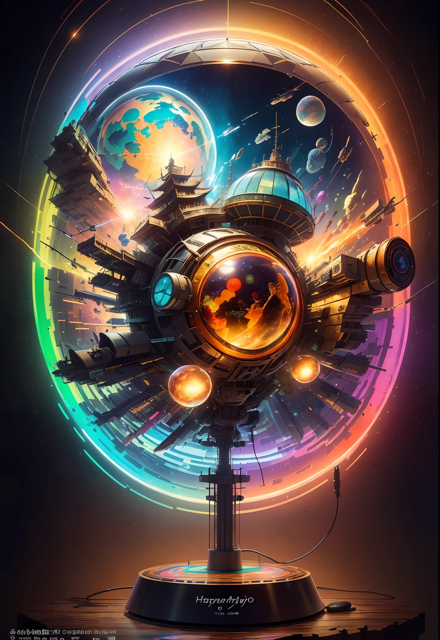 Masterpiece, Best Illustration, Solo, Multiplayer, Seated, Keyboard \ (Computer \), Fur Decoration, Computer, Monitor, Hood, Jacket, Hood Down (Chair, Headphones, City, Instrument, Cyberpunk, Wooden Toys,\(\(Intricate Details\)\), Color Details, Rainbow Color BREAK, \(\(Masterpiece Best Quality \)\), 4K, Hyper Detail, Detailed Lighting, \((Inspired by Hayao Miyazaki)\), Official Art, Propaganda Art, Composition, A giant mirror ball floats in space, twinkling lights, sadly lost, particles in the air, intricate fractals, detailed, (illustration), masterpiece, high resolution, best quality.