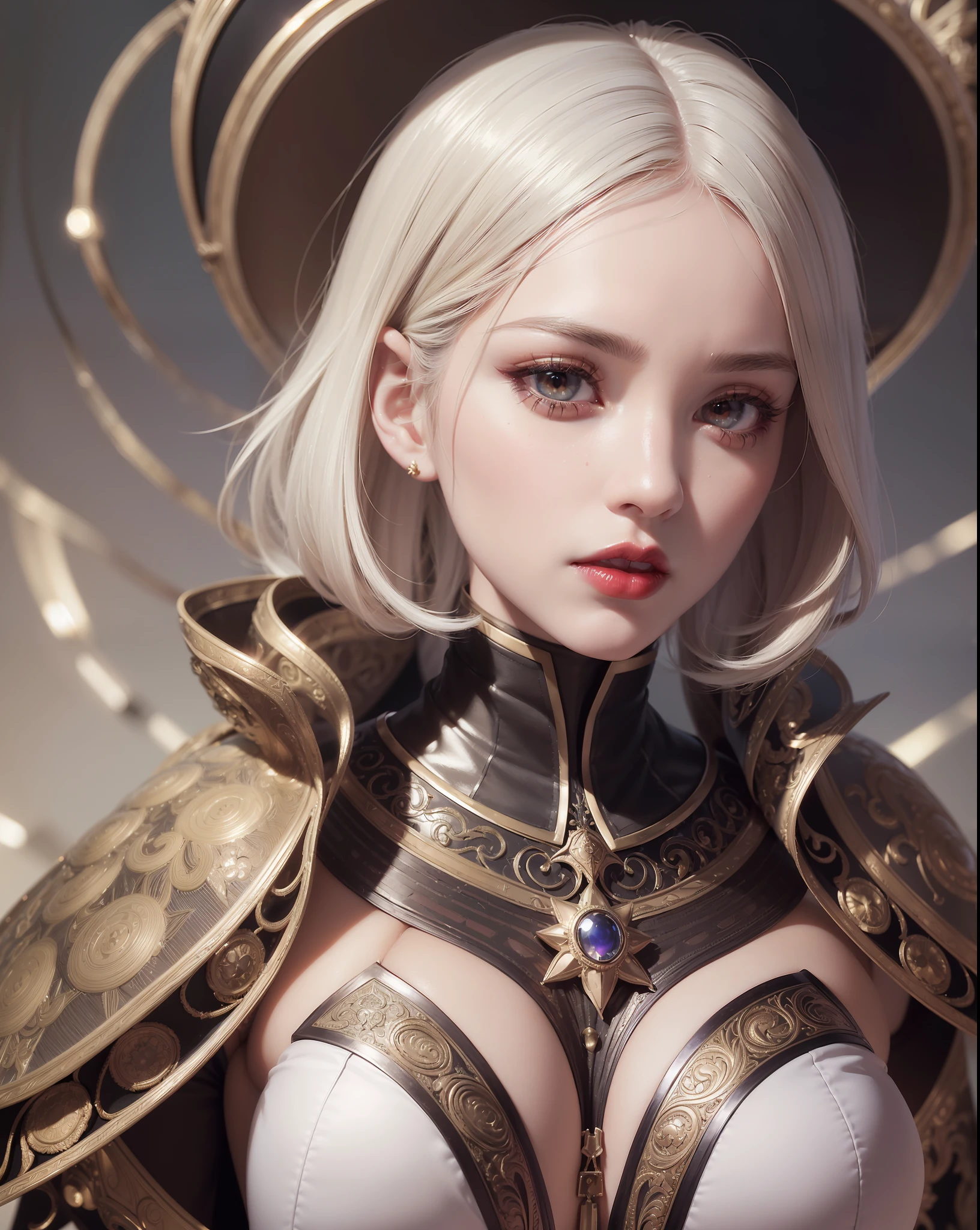 (Masterpiece) realistic Bust to the waist of a beauty hyperrealist & photorealist beauty young astonishing anime girl in highly & extremely detailed fractal low white & golden futuristic combat suit with cape & scarf (masterpiece), magic incantation ice glowing flying surrounded her, Unity 8k, pearly perfect skin with pores (short bob cut hair with colorful bangs fringes) ((perfect face shapes, complete perfect red lips, perfect nose, correct beautiful eyes, eyelashes, detailed intricate iris textured face in ZBrush)), full HD vines, midnight aura, glamour aesthetic, developed by Unreal Engine 5, Ultra Sharp Focus, Art by Alberto Seveso, Sci-Fi, vibrant & intricate Artwork, golden Ratio, epic, HR Giger STYLE