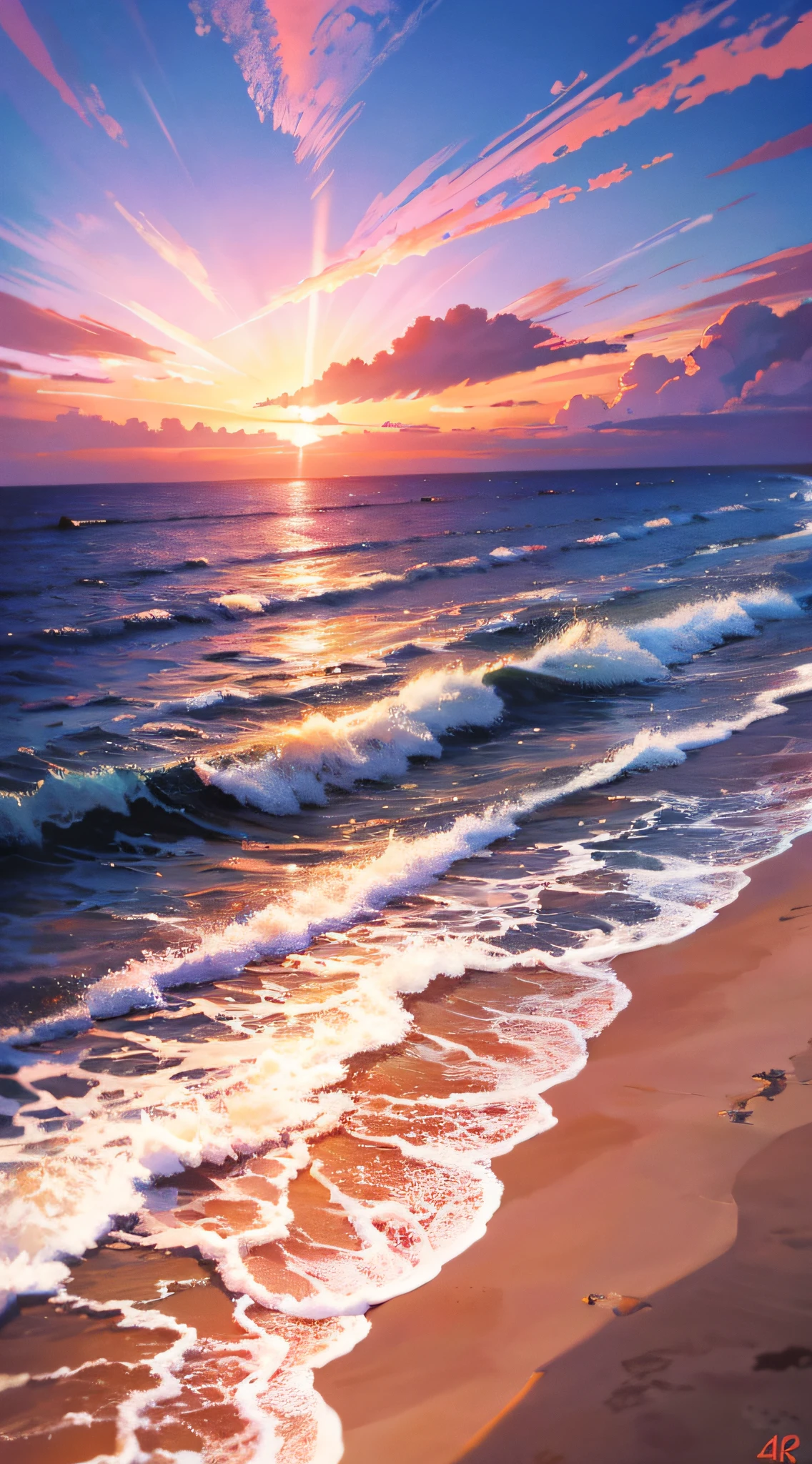 beach, sunset, burning clouds, facing the sea, ray tracing, masterpiece, best quality, super quality, absurd detail, best light, best shadows, clear, clear image, detailed, very detailed, high resolution, 8k, 4k, ultra hd, particle effects, beautiful effects, neon, neon, bright colors
