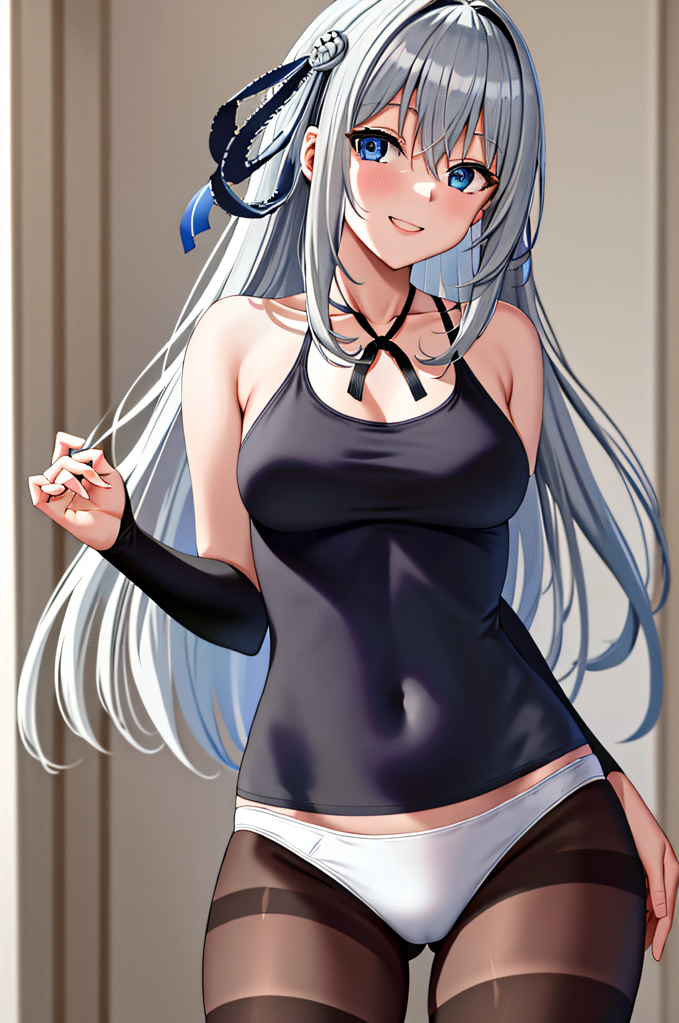 masterpiece, best quality, highres, kei1, 1girl, solo, blue eyes, long hair, wears a white bikini, ribbon, bangs, collarbone, gray hair, black hair band, black pantyhose, neck ribbon, hair between eyes, medium breasts, cowboy shot, smile, standing,