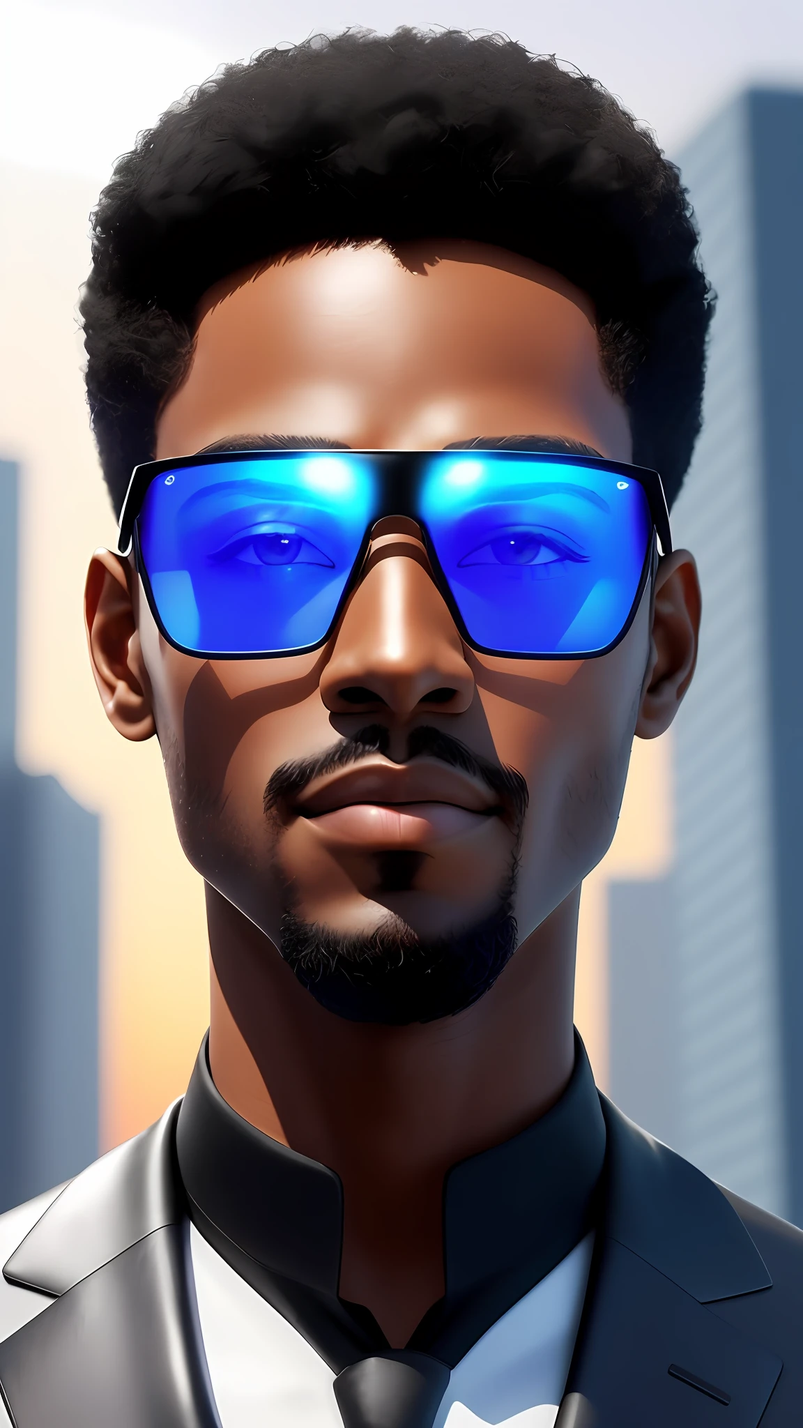 ((3D, best quality: 1.3)), ultra-detailed, 8k (((solo))), close-up of an Afro-futuristic man, wearing social, black suit, (short hair; 1.15), (well-defined symmetrical face, evil expression: 1.12), transparent glasses, warm and soft luminosity, sunset background, motion blur, magnificent blue sky,