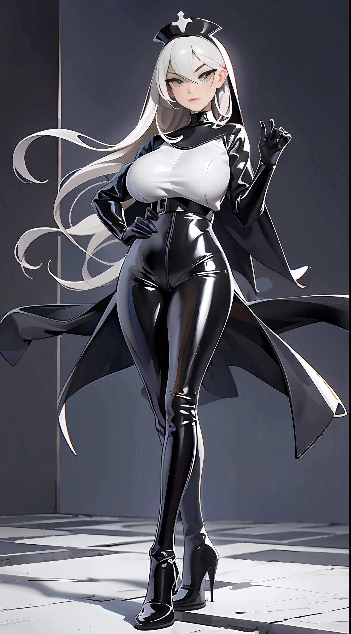 full body picture Unreal Engine 5 8K UHD of beautiful female, nun, black tight latex catsuit with nun outfit, two leather belts on hip, white latex glove, latex body straps, white latex heels, beautiful make up, best quality, masterpiece