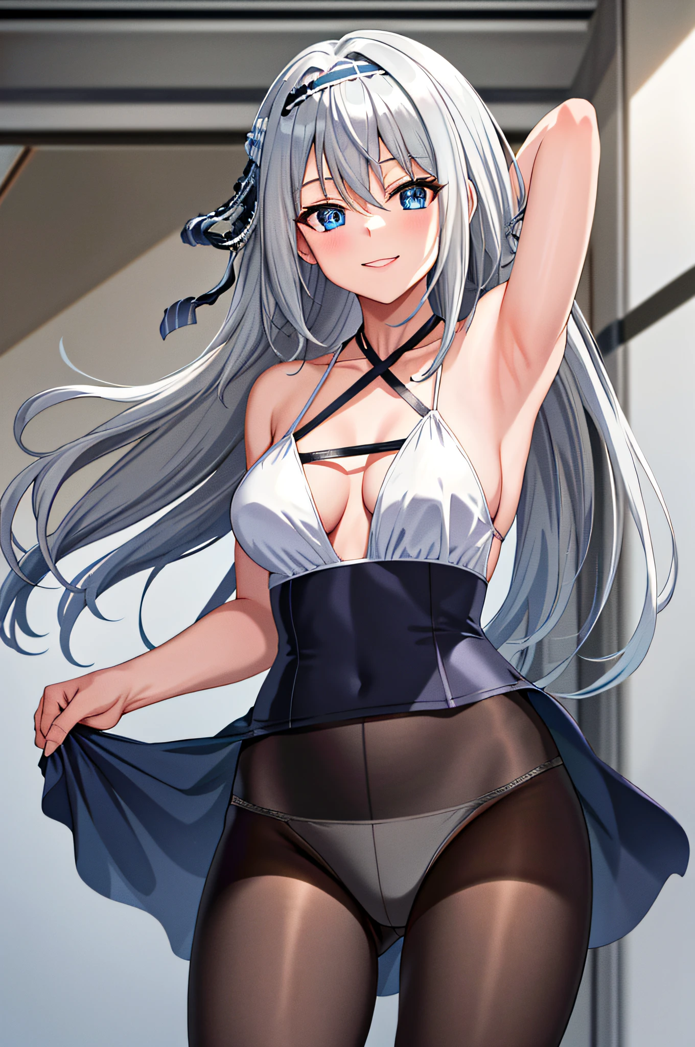 masterpiece, best quality, highres, kei1, 1girl, solo, blue eyes, long hair, wears a white bikini, ribbon, bangs, collarbone, gray hair, black hair band, black pantyhose, neck ribbon, hair between eyes, medium breasts, cowboy shot, smile, standing,