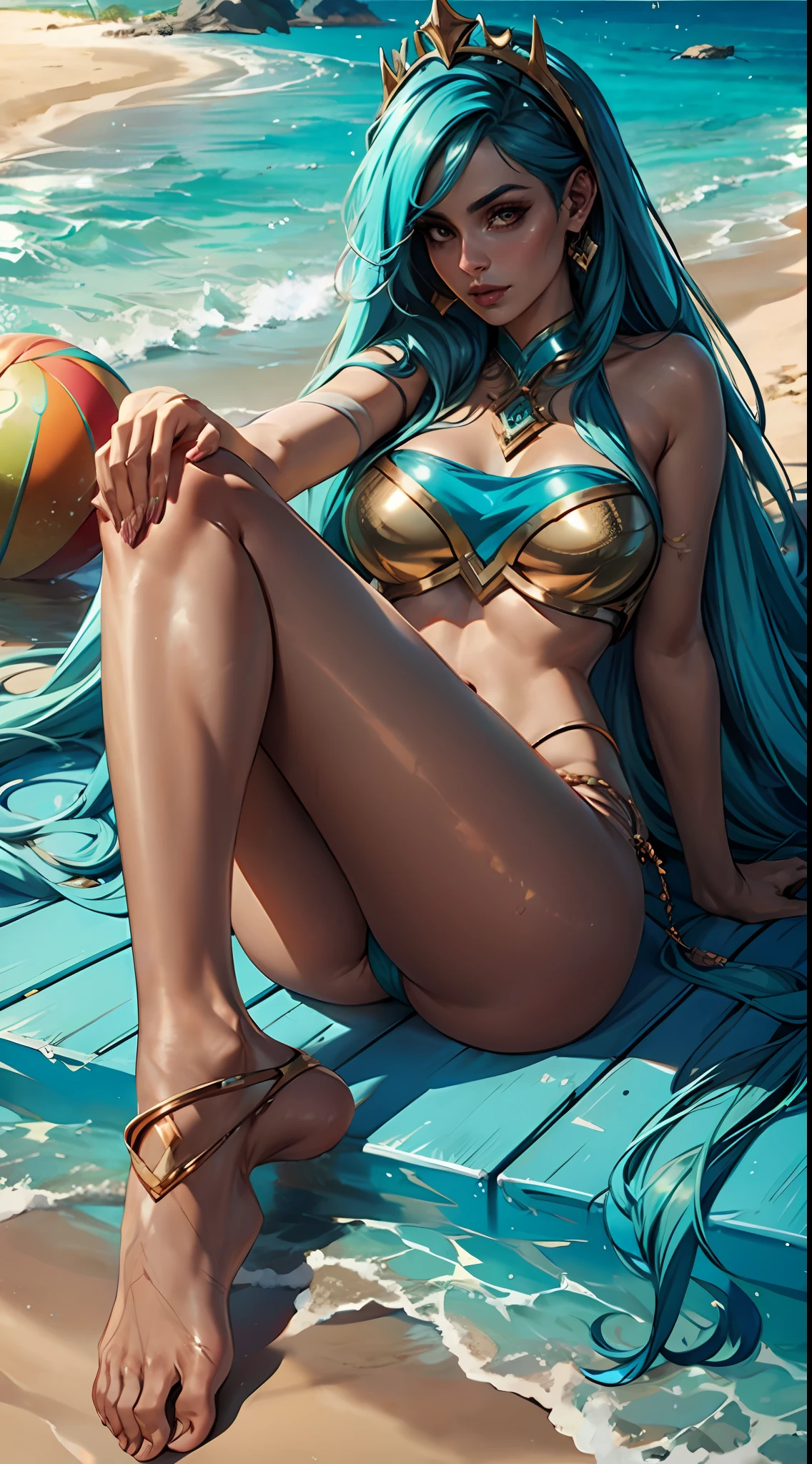 sona from league of legends on her hands and knees, wearing a crop top, panties, bare feet, glistening skin, beach background, realistic