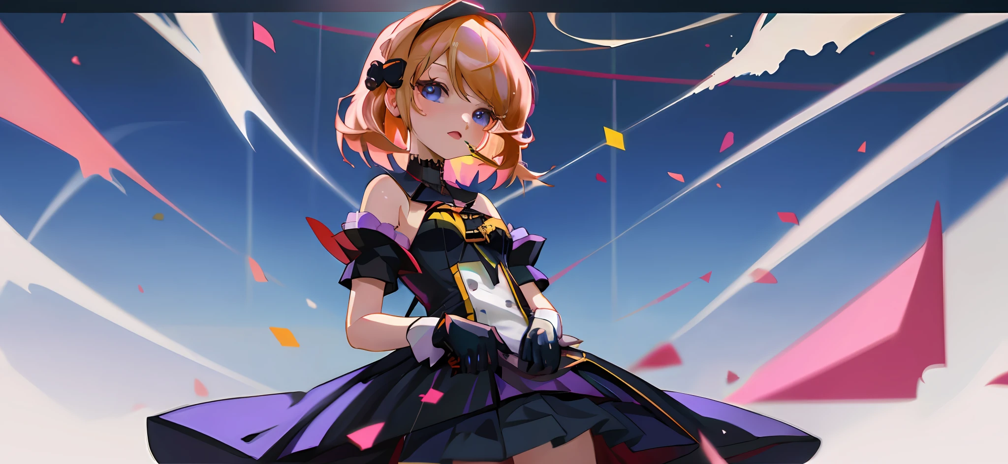 (masterpiece: 1.1), (realistic: 1.4), 1 girl, portrait, (corneo_dva) Anime girl in a black dress, black gloves, vocaloid, rhine, anime style. 8k, , kagamine rin, by arknights, splash art anime lolinder of a cute girl anime 2d ,small loli curanime style 2d, loli in dres