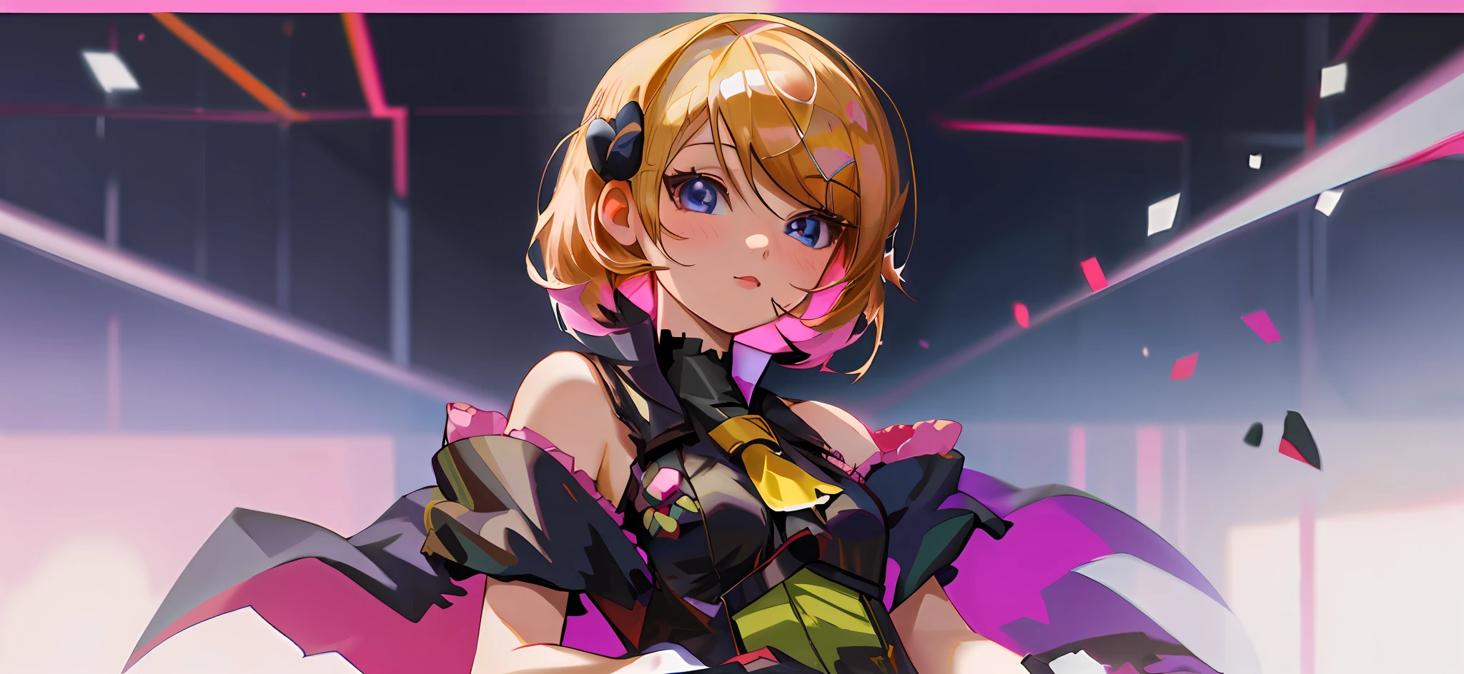 (masterpiece: 1.1), (realistic: 1.4), 1 girl, portrait, (corneo_dva) Anime girl in a black dress, black gloves, vocaloid, rhine, anime style. 8k, loli, kagamine rin, by arknights, splash art anime loli, render of a cute girl anime 2d ,small loli curve, anime style 2d, loli in dress