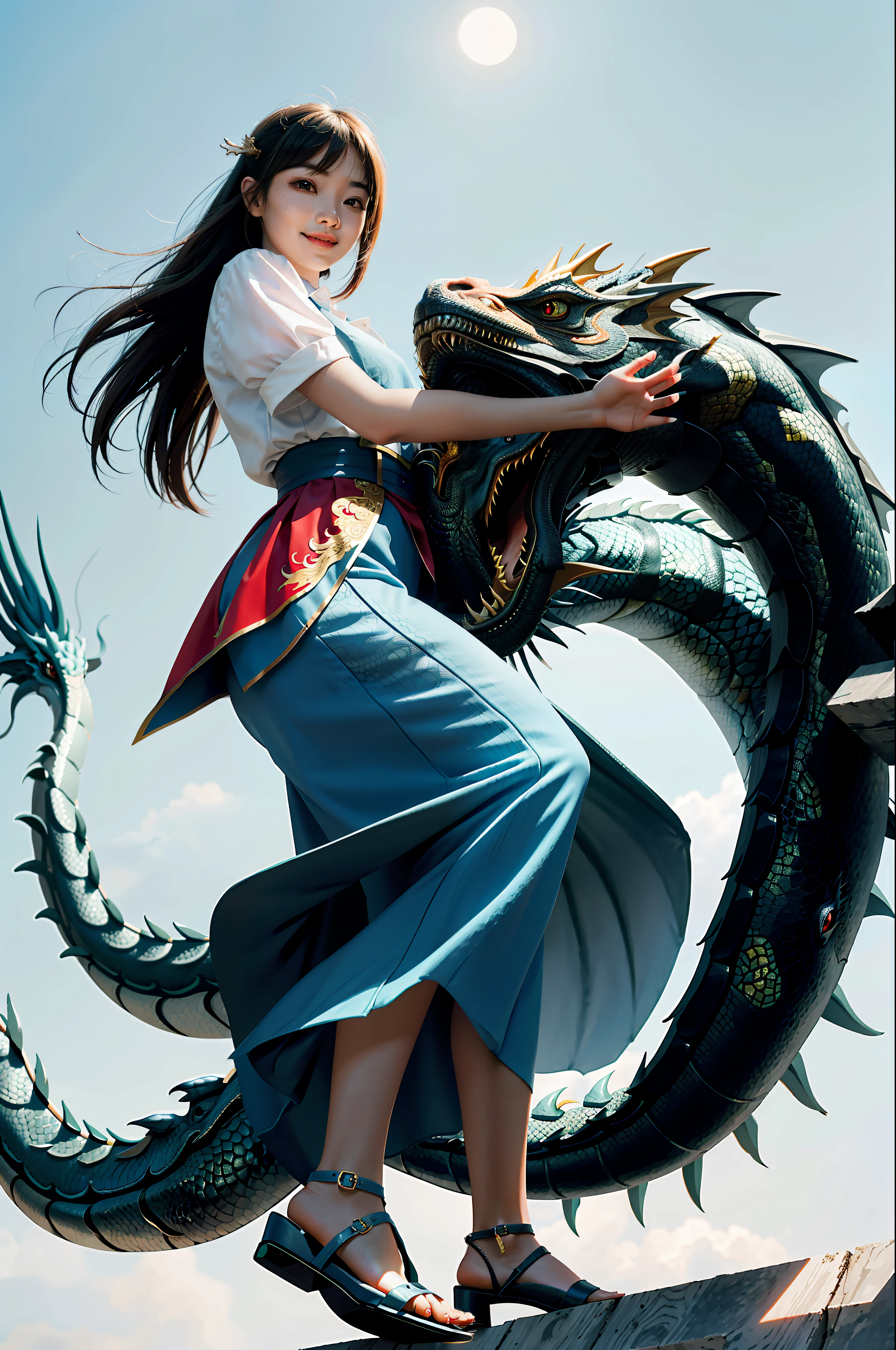 Masterpiece, best quality, a girl makes friends with Chinese dragons, funny, happy, bright, dragon,
