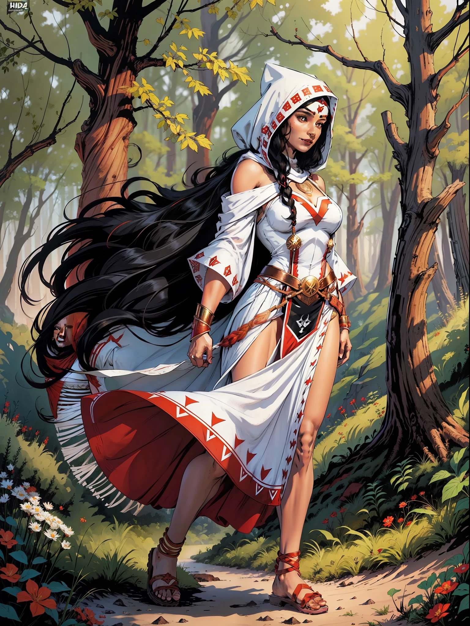Indigenous Woman, Red Skin Tone,long black hair,white hood covering her head and hair, white brusa,cumplida sleeve,indigenous skirt,black sandalha,indigenous details on her clothes,full body,Super Heroine,smiling,flying in a forest,cover of HQ --seed4284964202