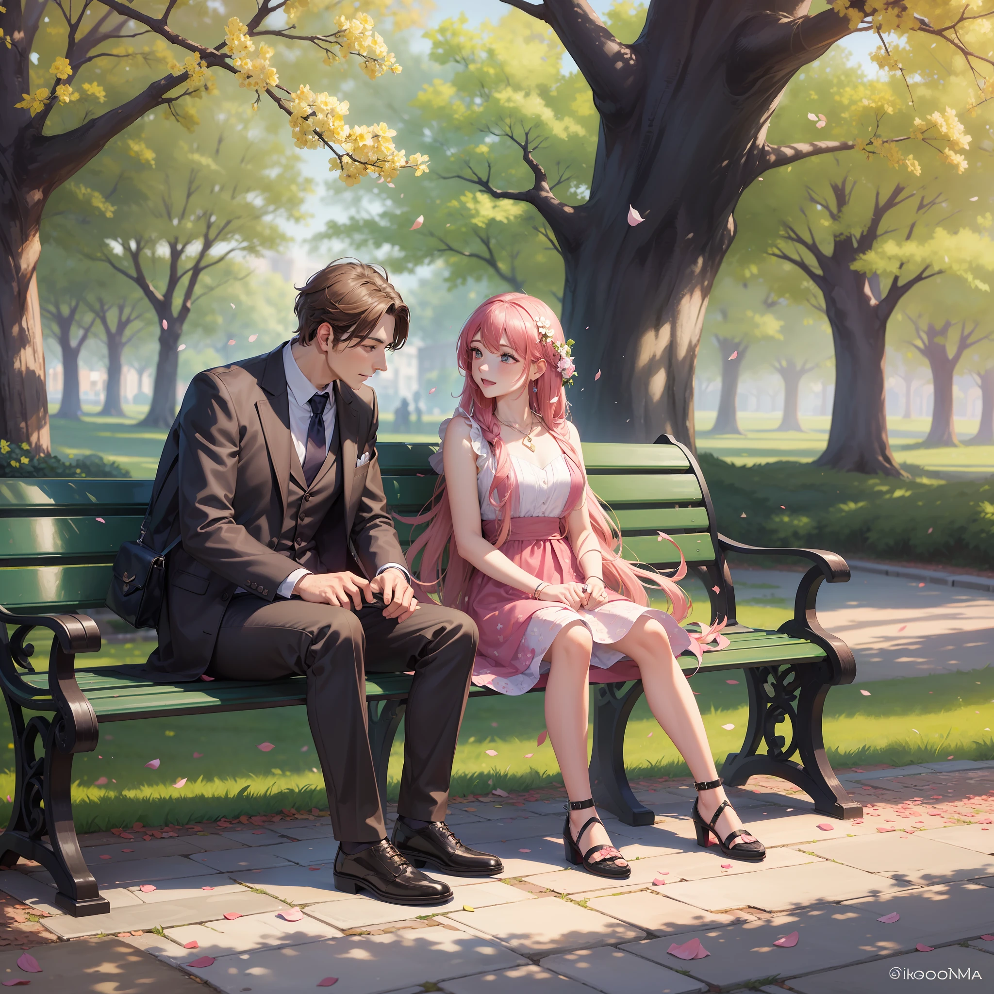 ((best quality,8kobra-prima)) A man and a woman sitting on a bench in the park talking to falling flower petals