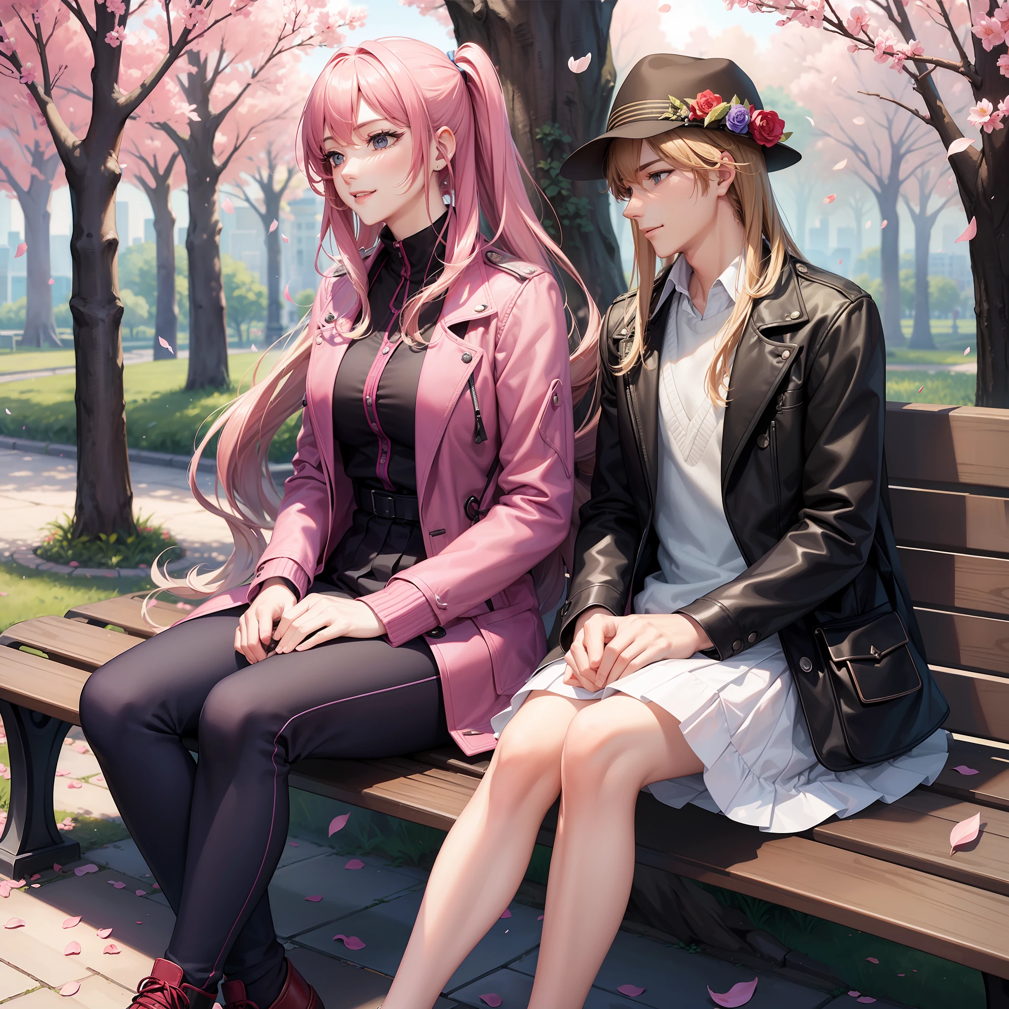 ((best quality,8kobra-prima)) A man and a woman sitting on a bench in the park talking to falling flower petals