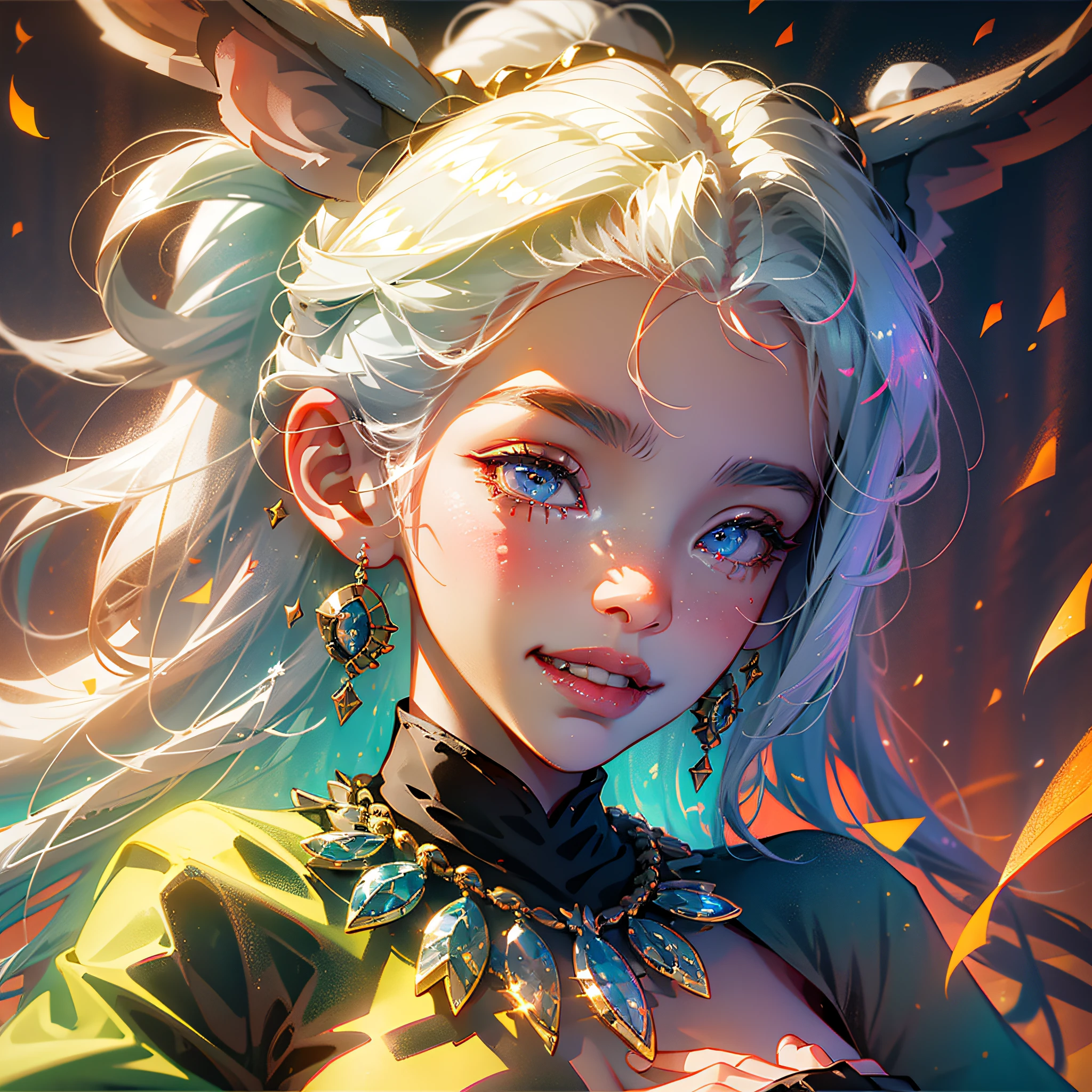 (No hands) blind box figure, girl, white hair, forehead jewelry, bead necklace, deer ears, grin, evil smile, anime style, glowing light, UHD, UHD, high detail, 8k --auto --s2