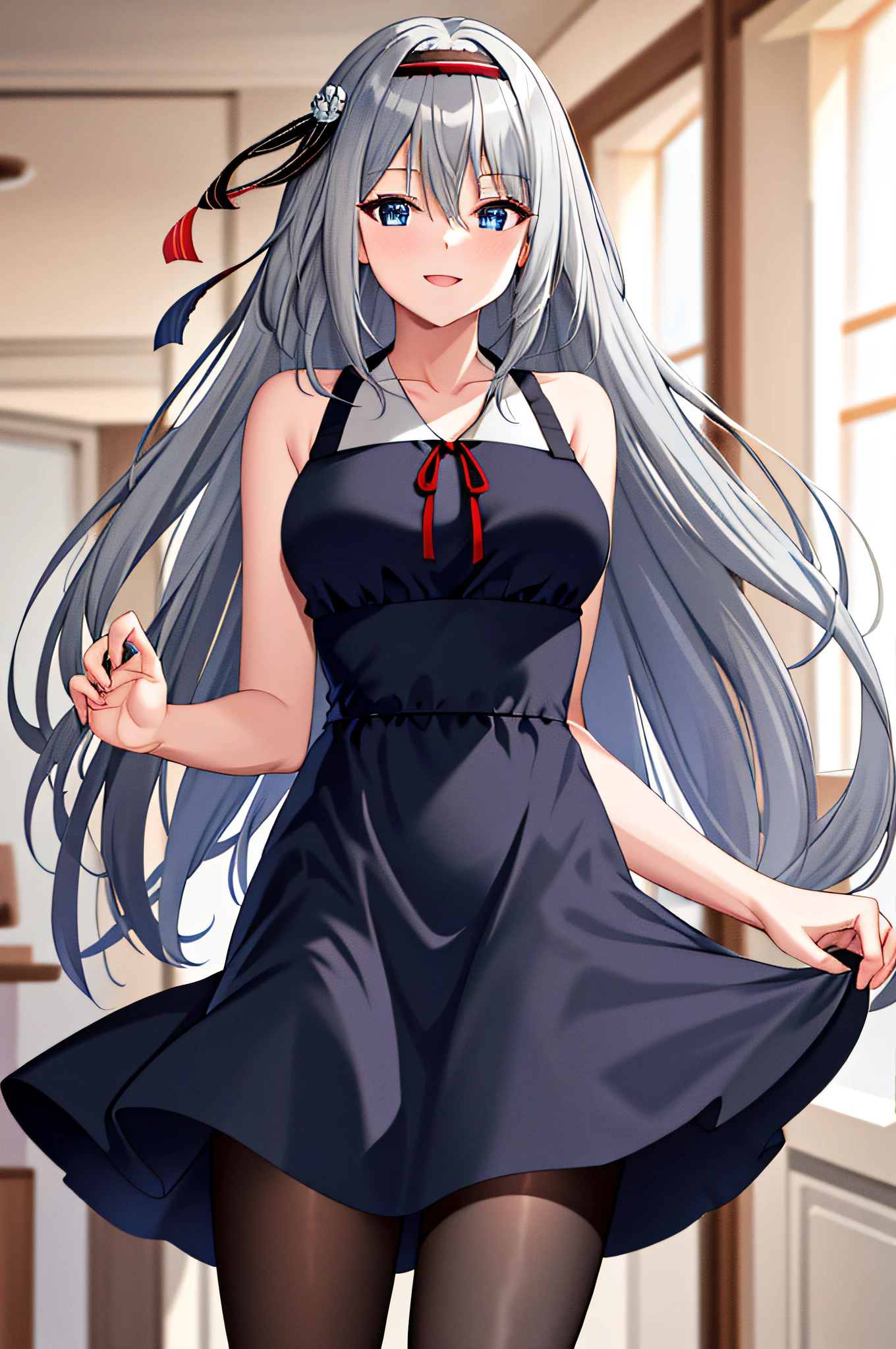 masterpiece, best quality, highres, kei1, 1girl, solo, blue eyes, long hair, long red dress, ribbon, bangs, collarbone, gray hair, black hair band, black pantyhose, neck ribbon, hair between eyes, medium breasts, cowboy shot, smile, standing,