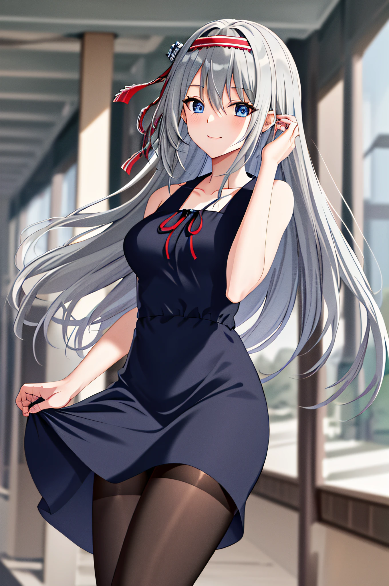 masterpiece, best quality, highres, kei1, 1girl, solo, blue eyes, long hair, long red dress, ribbon, bangs, collarbone, gray hair, black hair band, black pantyhose, neck ribbon, hair between eyes, medium breasts, cowboy shot, smile, standing,