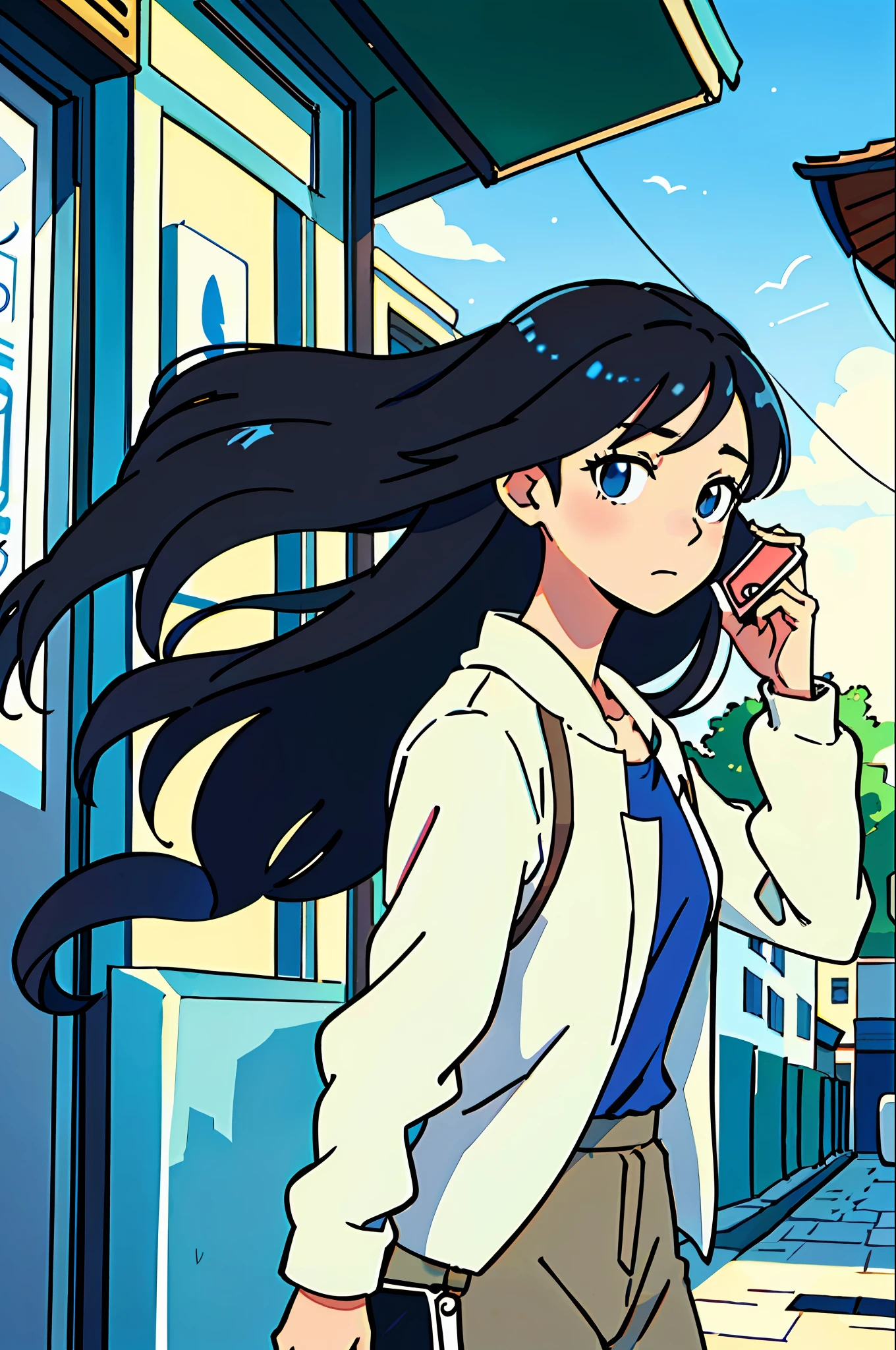(best quality: 0.8), (best quality: 0.8), perfect anime illustration, close-up portrait of a beautiful woman walking around town, looking at her cell phone