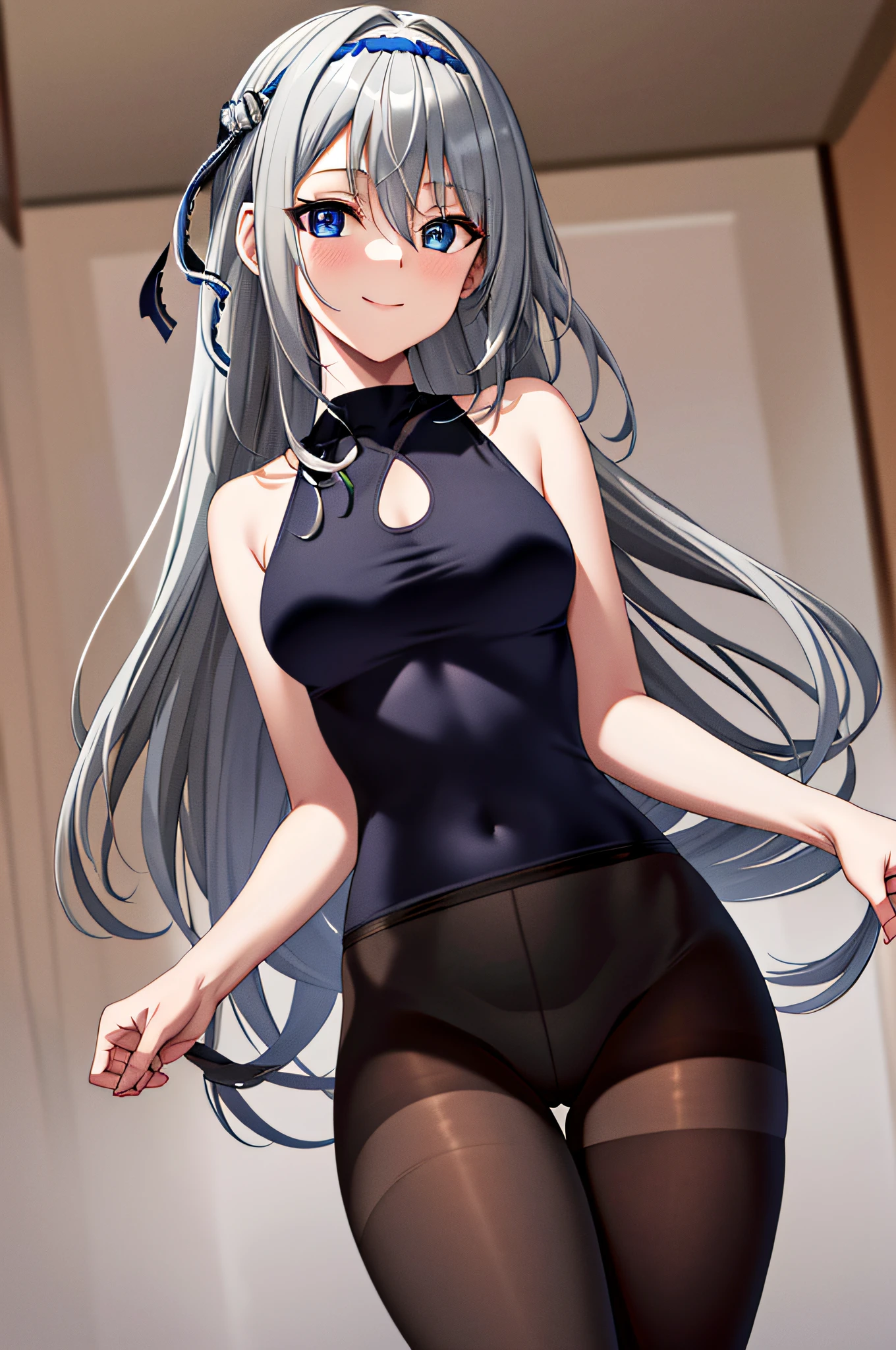 masterpiece, best quality, highres, kei1, 1girl, solo, blue eyes, long hair, no clothes, ribbon, bangs, collarbone, gray hair, black hair band, black pantyhose, neck ribbon, hair between eyes, medium breasts, cowboy shot, smile, standing,