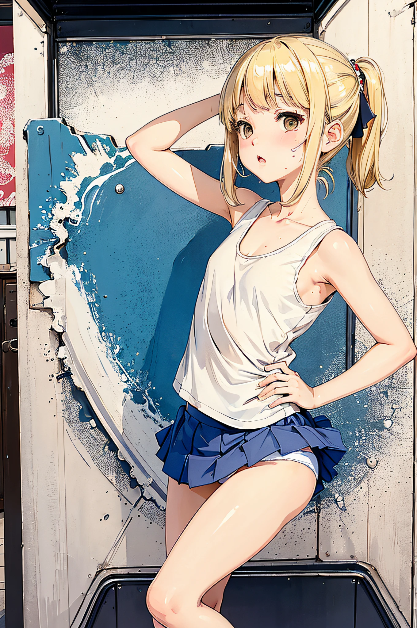 (masterpiece, best quality, high definition), (Anna Tanaka), blonde girl in tank top and mini skirt, white ultra-thin panties, one girl, nsfw, shooting looking up from underfoot, sweat