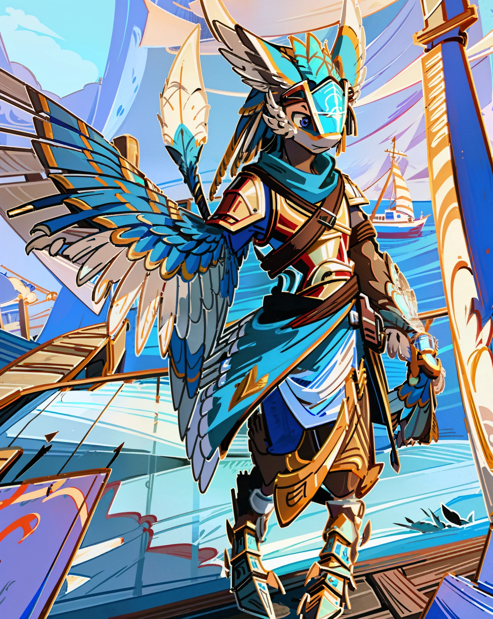 (highly detailed illustration:1.2), best quality, masterpiece, solo, full body, avali, avian, feathers, detailed feathers, detailed face, detailed eyes, black feathers, arm wings, avali tail, fluffy chest, feathery chest, furry, anthro, furry art, walking upright, on a dock, breastplate, white armor, blue pauldron, white helmet, helmet that obscures face, sail boat background, dock background, red fur, red pattern on feathers, 2 legs, 2 arm wings, holding a spear, white visor