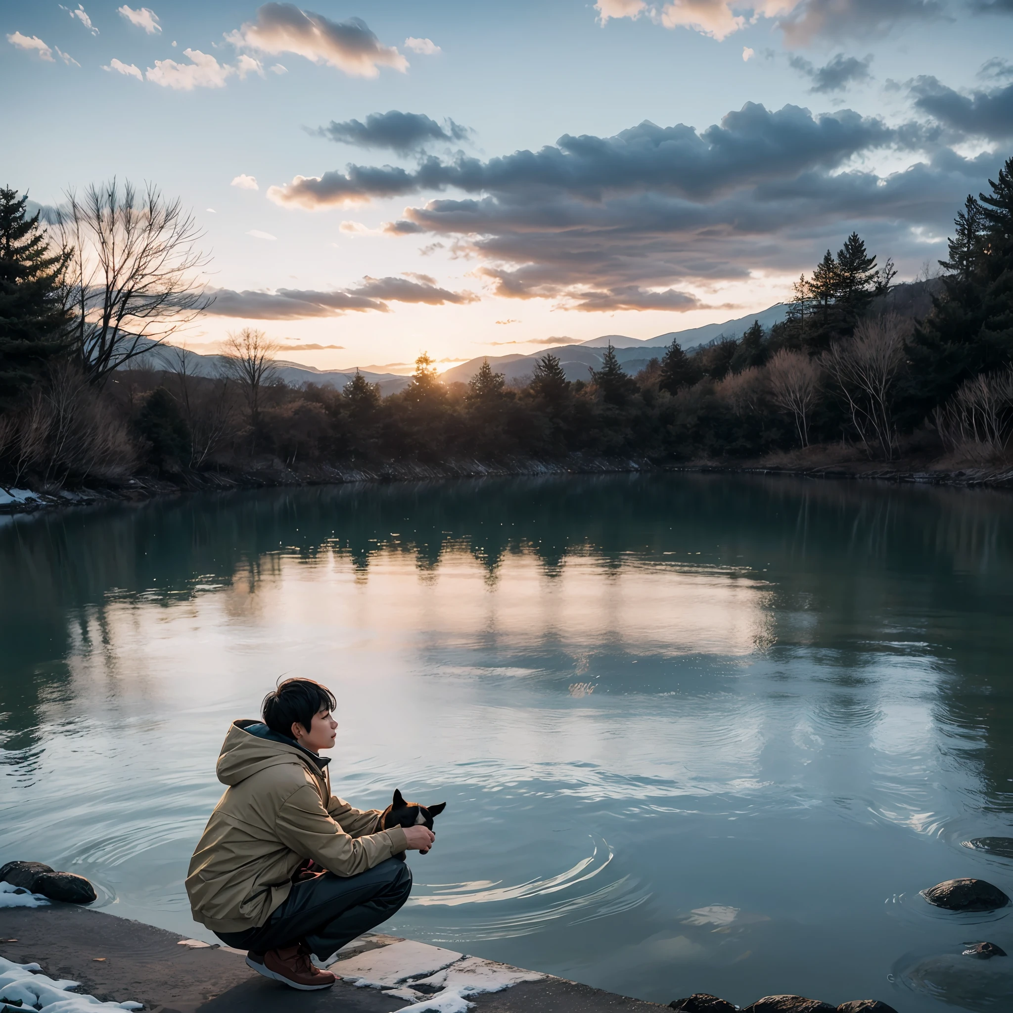 1 boy,blurry_background, tree, squatting, water, bare_tree, dog, motion_blur, outdoors, beach, lake, animal, ocean, snow, river, winter, shiba_inu, sunset, black_hair, shore, short_hair, scenery, hood