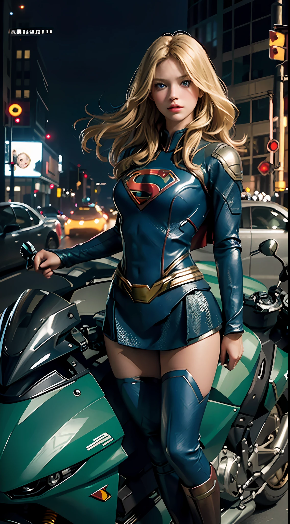 The highest image quality, striking details, ultra-high resolution, (realism: 1.4), the best illustration, favorable details, highly condensed 1supergirl, with a delicate and beautiful face, blonde, blue eyes, dressed in a black and green lock, superman S symbol on the chest, wearing a mecha helmet, holding a directional controller, riding on a motorcycle, the background is a high-tech lighting scene of the city of the future.