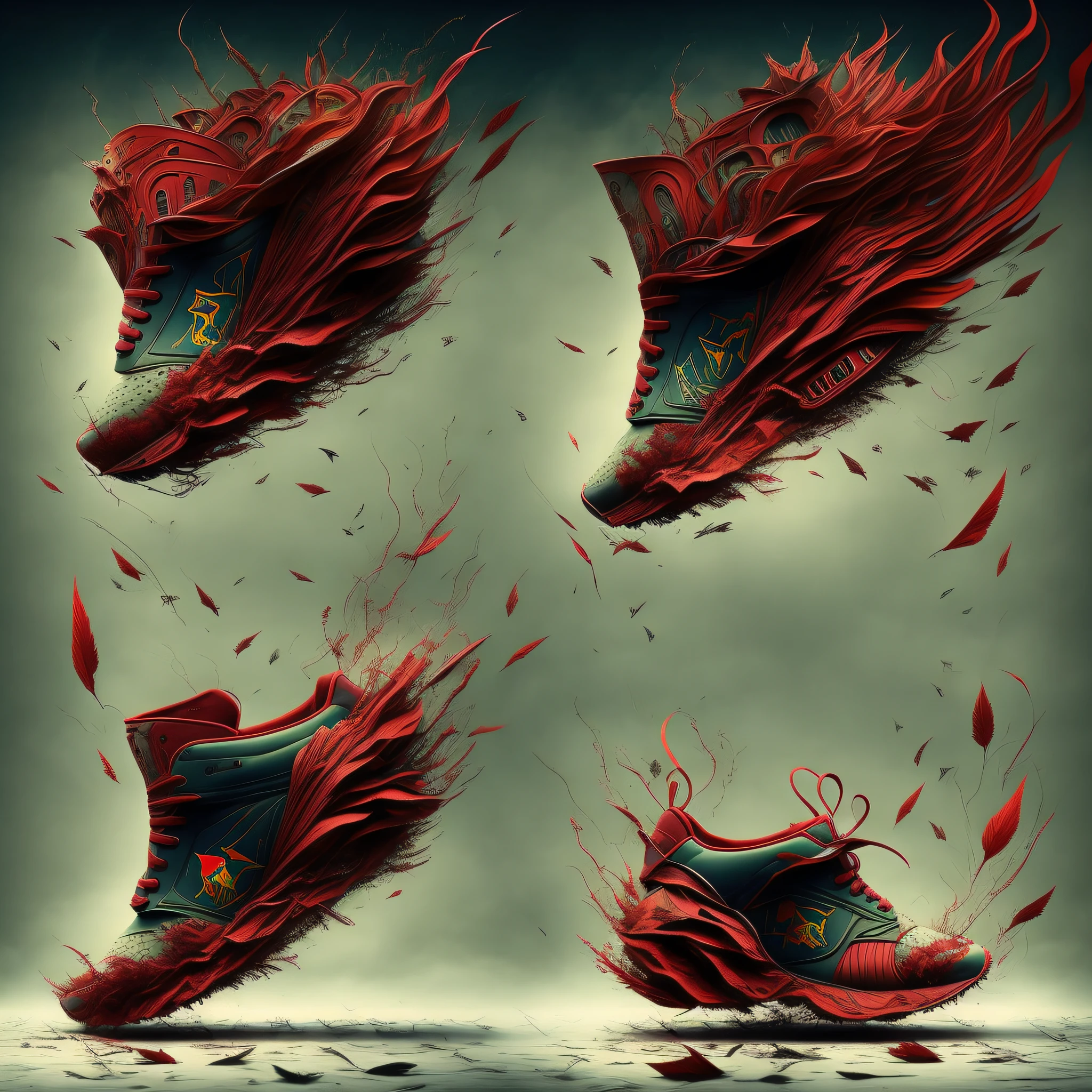 (Surrealsteampunkai:0.5), (Shoeai), a sneaker made of Red Bull, a powerful explosion