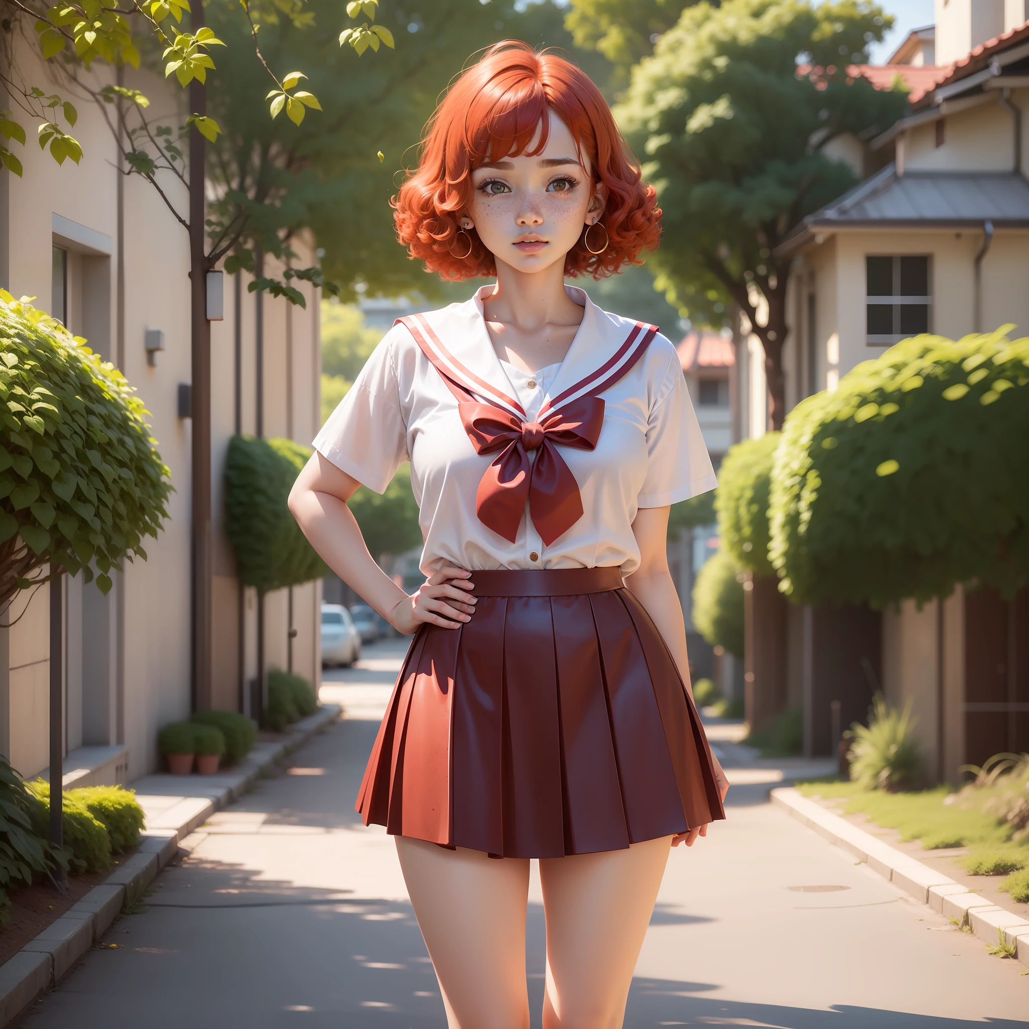 1 Beautiful Girl, Best Quality (8K), Face ((Freckles) (Adult) (Highest Quality Quality) (8K))), Perfect Body Line (8 Heads), Full Body (Standing), Natural Perm with Red Hair , Short Bob Hair, Big, High School Girl Sailor Uniform, 18 Years Old