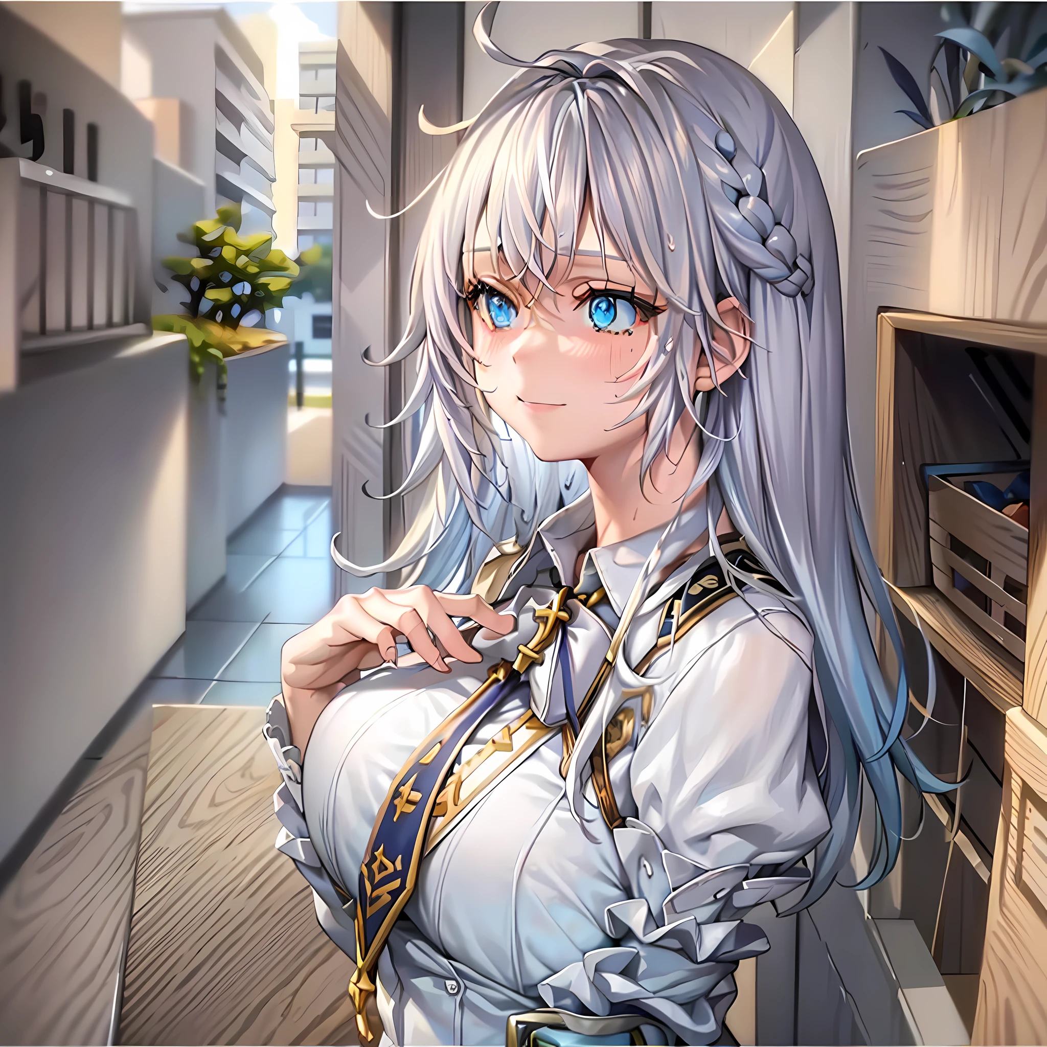 clothes reflecting light, (light diffraction on skin: 1.35), (glossy skin: 1.55), (iridescence effect: 1.55),anime, a woman with white hair and blue eyes smiling seductively is standing in a room, , process art, seductive anime girl, **** in dress, visual anime of a cute girl, girl with perfect white hair, anime moe artstyle,  fine details. Girls Frontline, From Girls Frontline, A Hyperrealistic Schoolgir, Anime Girl Wearing White Shirt with Blue Hair, Breasts, 1Girl, Neckline, Shirt, Long Hair, Blue Eyes, Drowning, Solo, White Shirt, Big Breasts, Wet, Wet Clothes, Blush, Short Sleeves, Bangs,(Masterpiece, Best Quality, Ultra-Detailed: 1.6), Illustration, (Solo, 1 Girl, Beautiful Detailed Eyes: 1.2), City, Street,Making a Heart with Your Fingers, show the chest