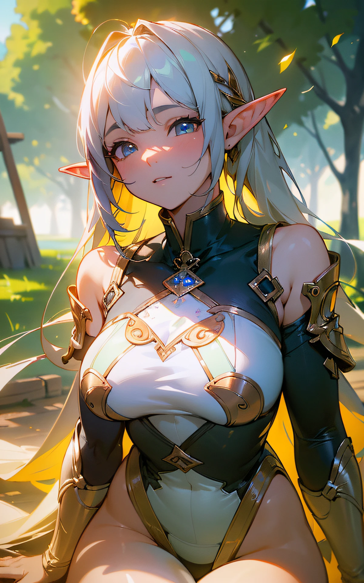 (Original Character、Unity 16K Wallpaper, Masterpiece, Best Quality, Ultra-Detailed, Extremely Detailed CG, Caustics, Cinematic Lighting, Detailed, Beautiful Detailed Eyes, solo), Ultra High Resolution, fine skin, (elf, curby), (strong light)、((brighten the subject)),outdoors,thigh focus