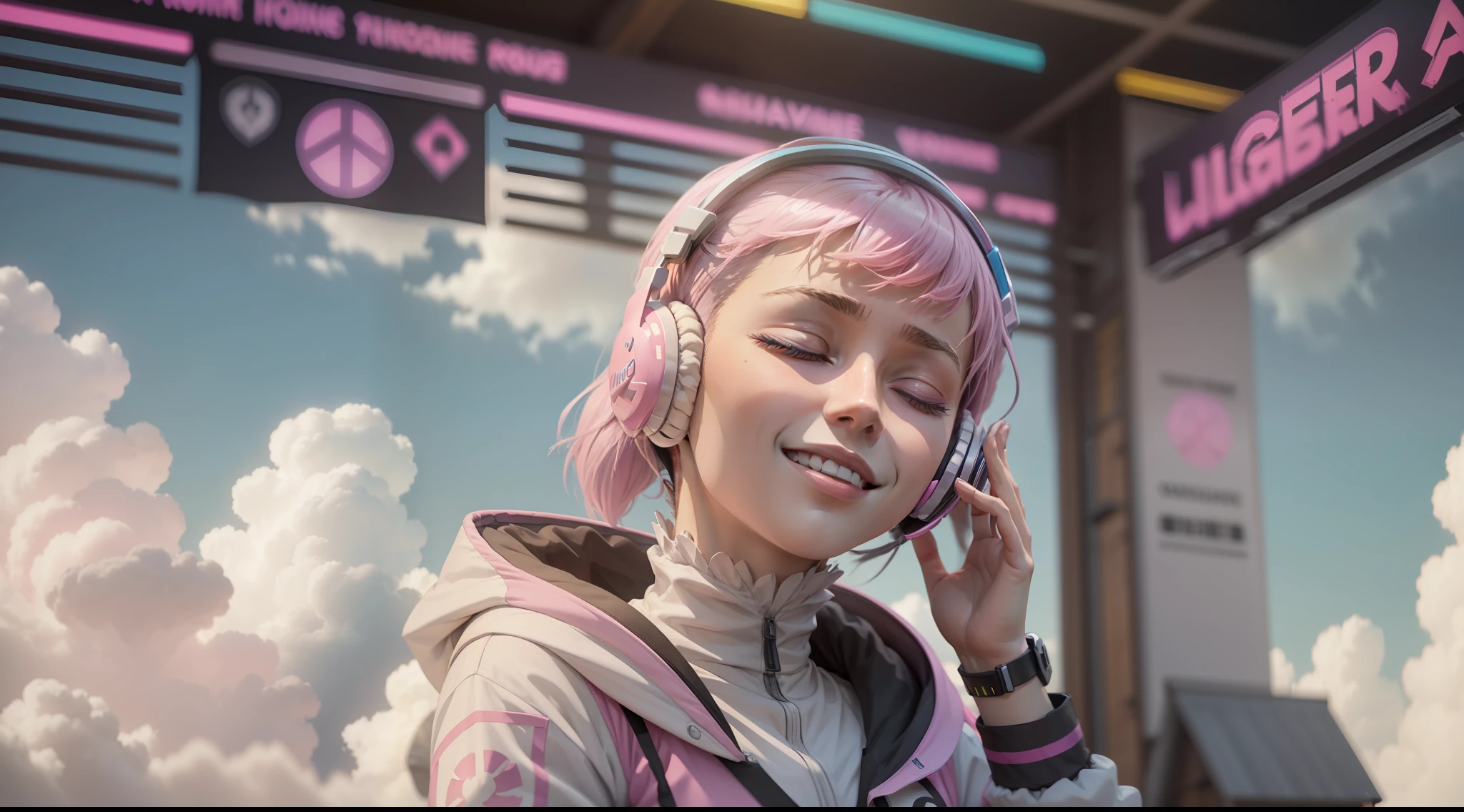 Woman with peace sense headset, closed eyes, beautiful face, RGB colors, anime pink hair, banner for youtube video, happy girl, clouds with RGB colors., bright RGB colors.