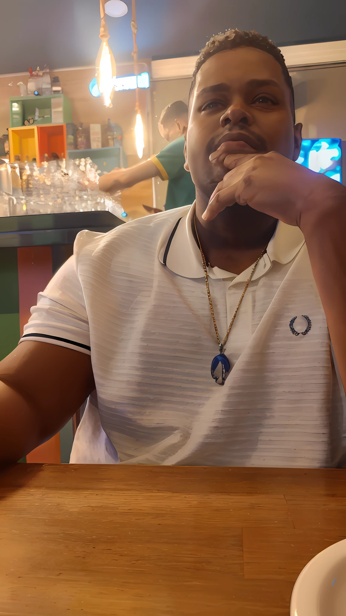 there is a man sitting at a table with a drink in front of him, wears a egyptian ankh necklace, wears the ankh symbol, wearing several pendants, wearing a chain, low quality photo, ankh symbol around the neck, very very low quality picture, ankh necklace, ankh pendant, portrait mode photo, deep in thought, looking to his left