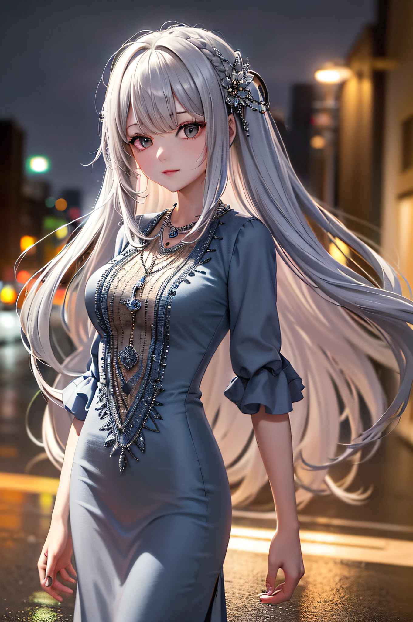 (8k, best quality, masterpiece:1.2),1girl,hair ornament, portrait, (long loose silver revealing dress:1.1), necklace, blue nails,cute,cityscape, night, rain, wet, professional lighting, photon mapping, radiosity, physically-based rendering,(mature female:1.3), (intricate detailed , taut clothes, hair ornament :1.2),