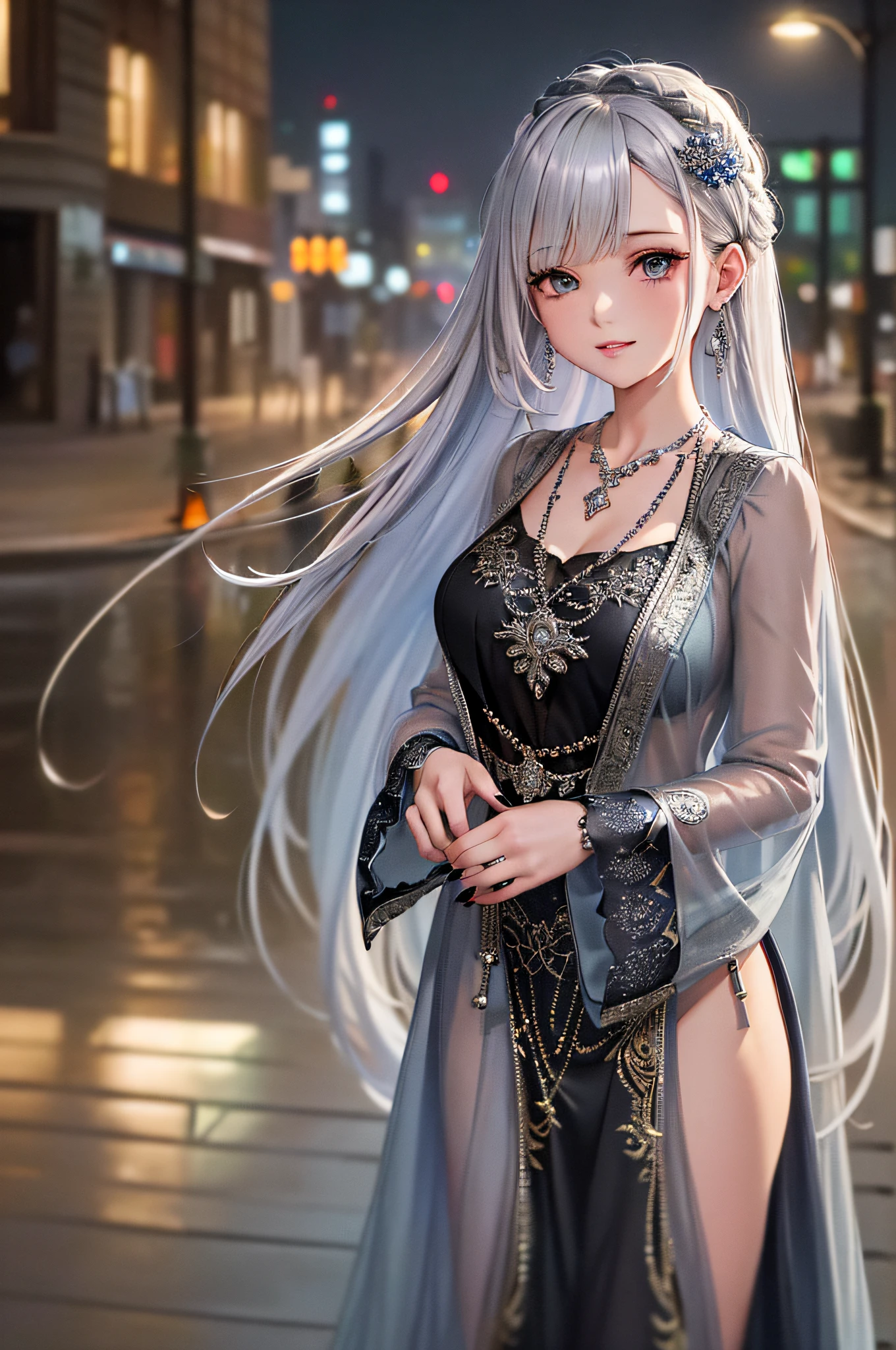 (8k, best quality, masterpiece:1.2),1girl,hair ornament, portrait, (long loose silver revealing dress:1.1), necklace, blue nails,cute,cityscape, night, rain, wet, professional lighting, photon mapping, radiosity, physically-based rendering,(mature female:1.3), (intricate detailed , taut clothes, hair ornament :1.2),