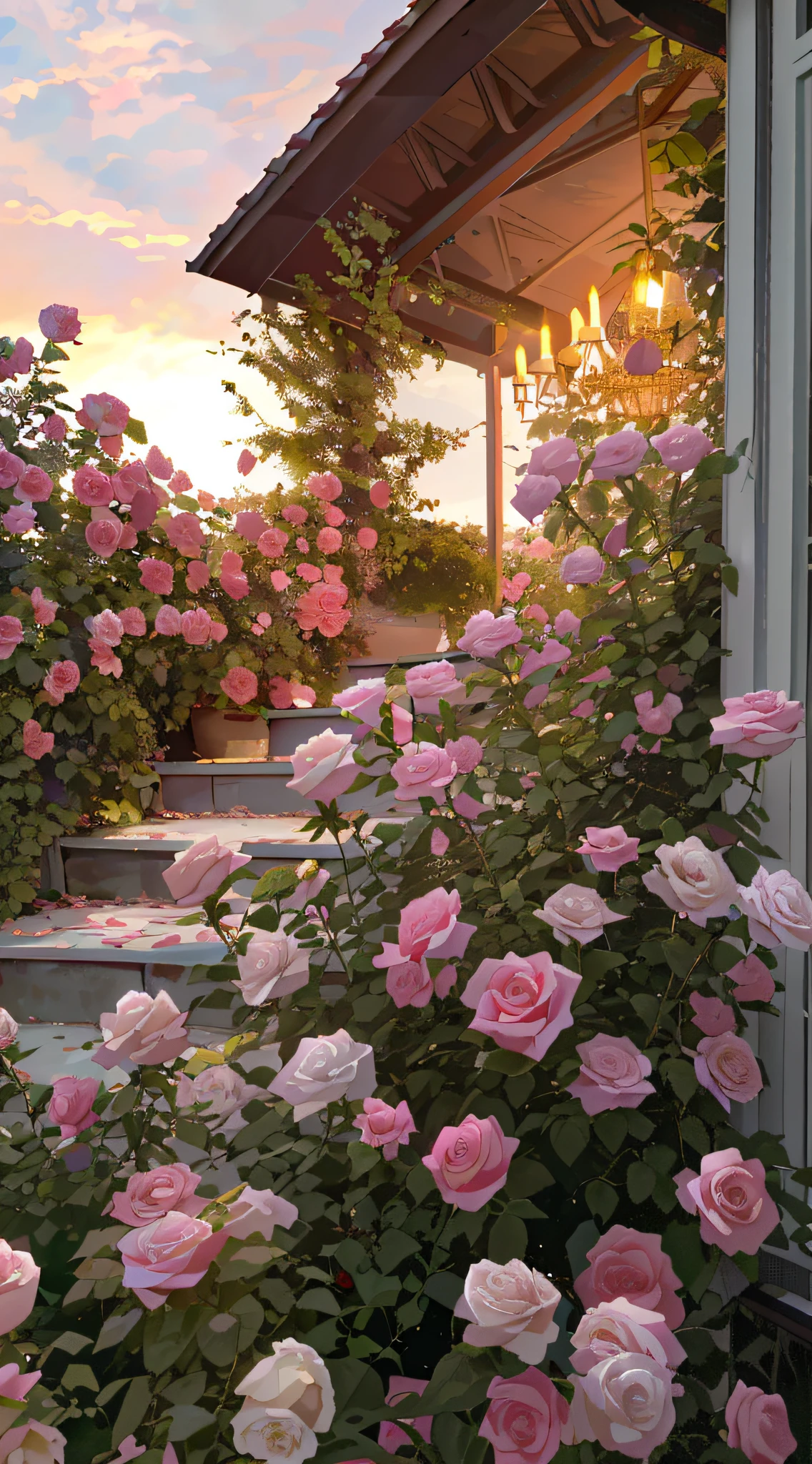 there is a bush of pink roses growing outside of a house, beautiful and aesthetic, with soft pink colors, beautiful aesthetic, roses in cinematic light, lush flowery outdoors, nature and floral aesthetics, rose garden, roses, portal made of roses, beautiful image, rosses, dreamy aesthetic, in a cottagecore flower garden, pink golden hour